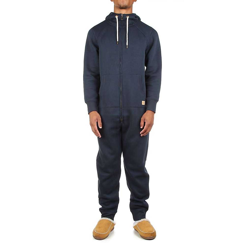 Navy hooded zip-front onesie, back view with white drawstrings and hood