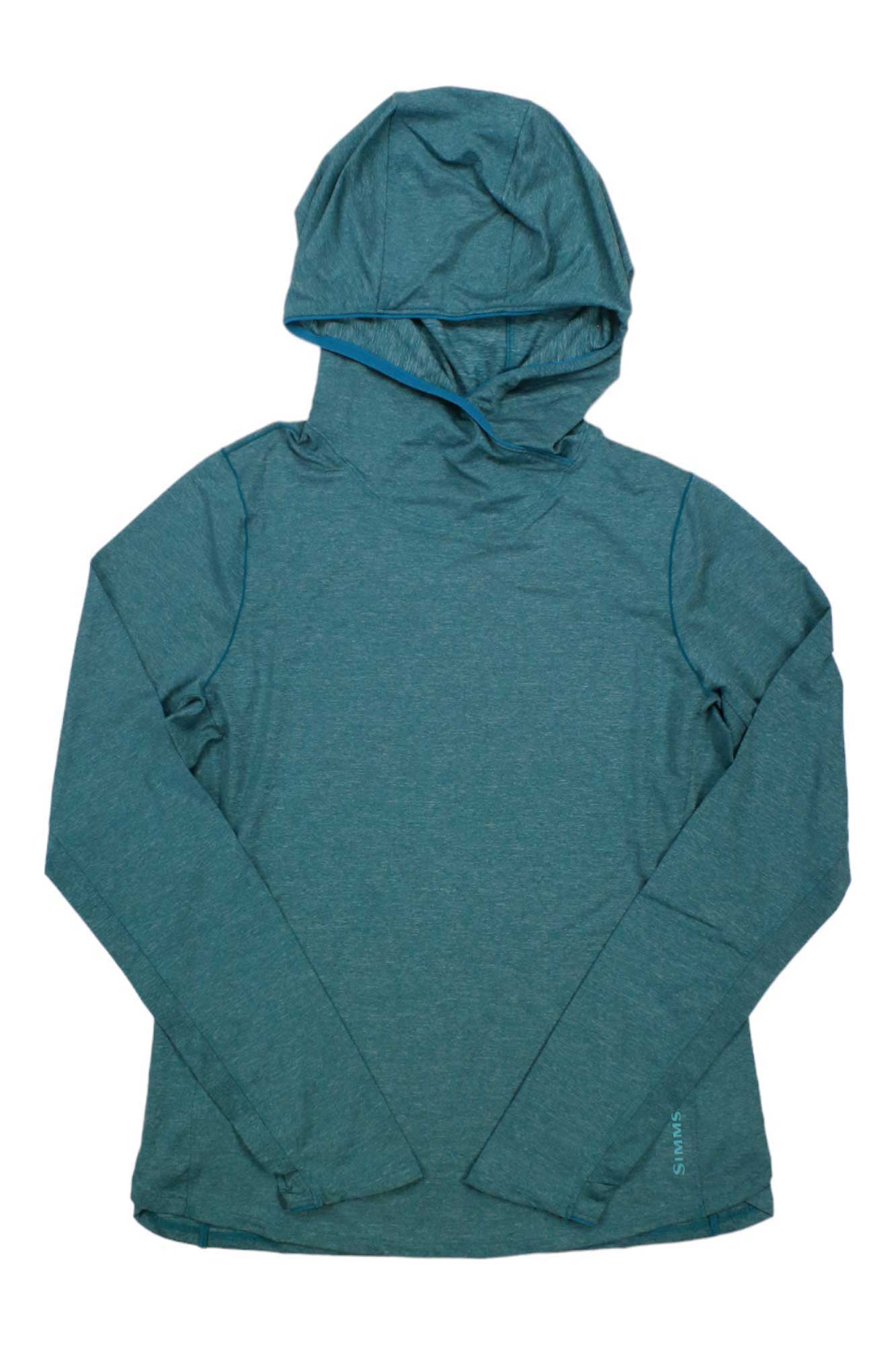 A teal Simms Women's Bugstopper Solarflex Hoody with long sleeves, relaxed fit, sun and insect protection, shown flat on a white background.