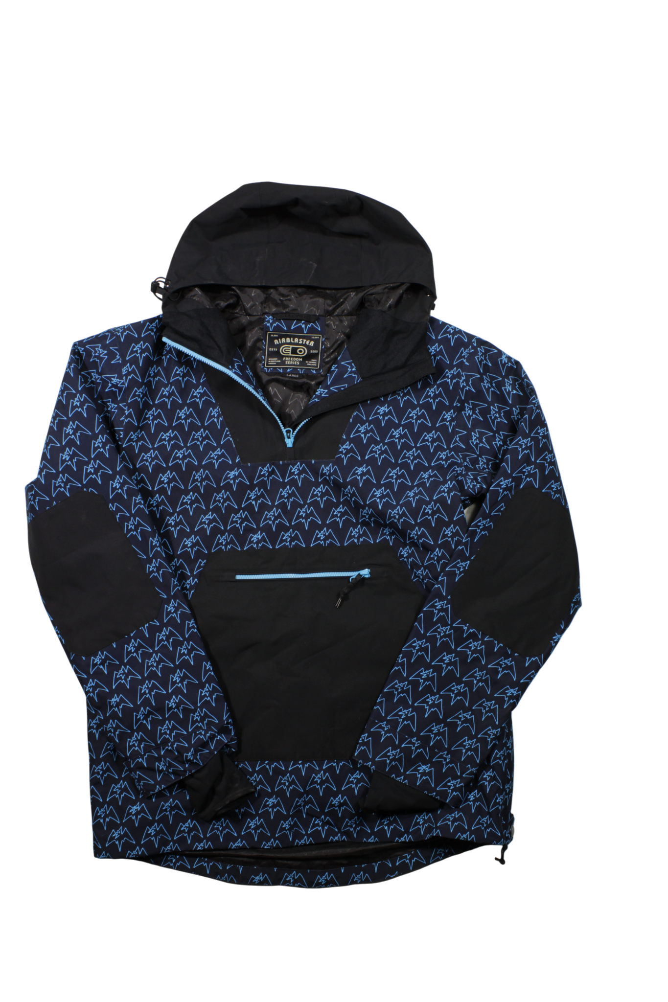 Men's freedom pullover jacket with navy patterned fabric, black hood, front half-zip