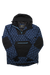 Men's freedom pullover jacket with navy patterned fabric, black hood, front half-zip
