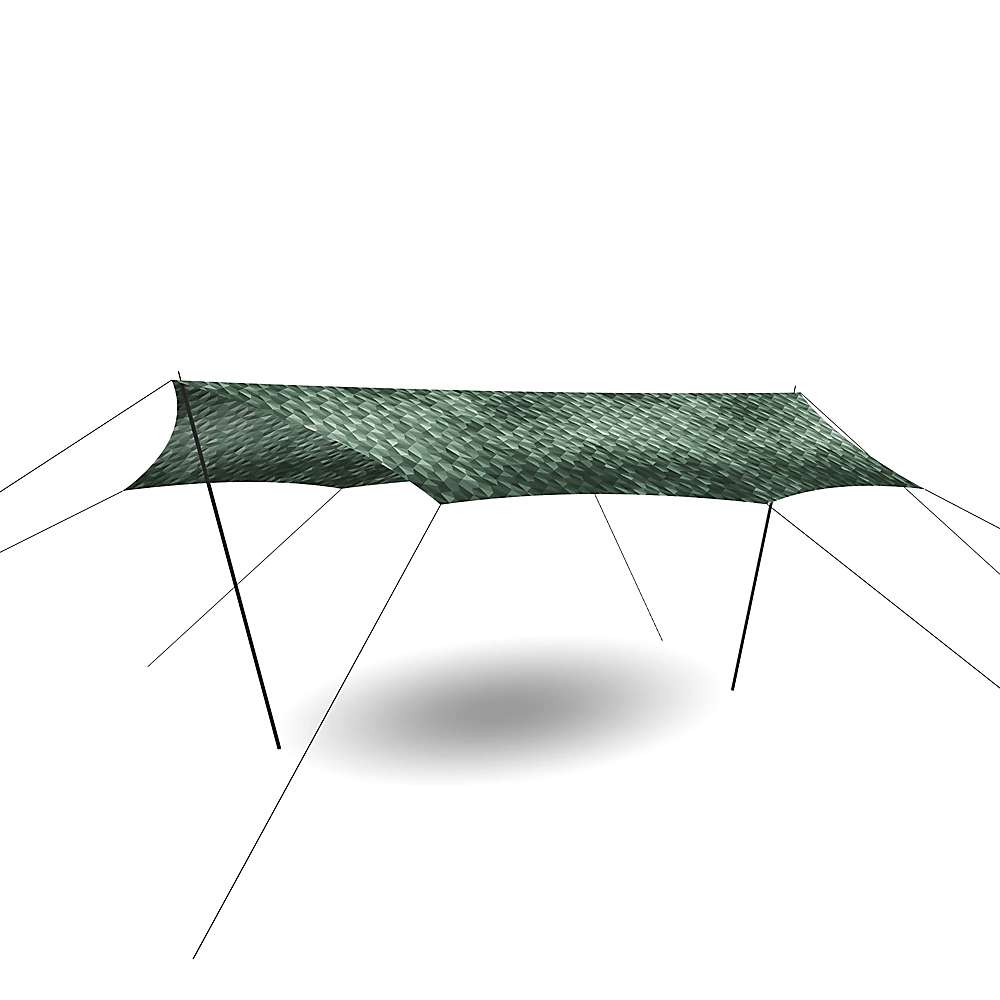 The Heimplanet Dawn Wing Tarp, featuring a green camouflage pattern and rectangular shape, is shown stretched with four corner poles and guy lines, demonstrating this lightweight, versatile shelter against a white background.