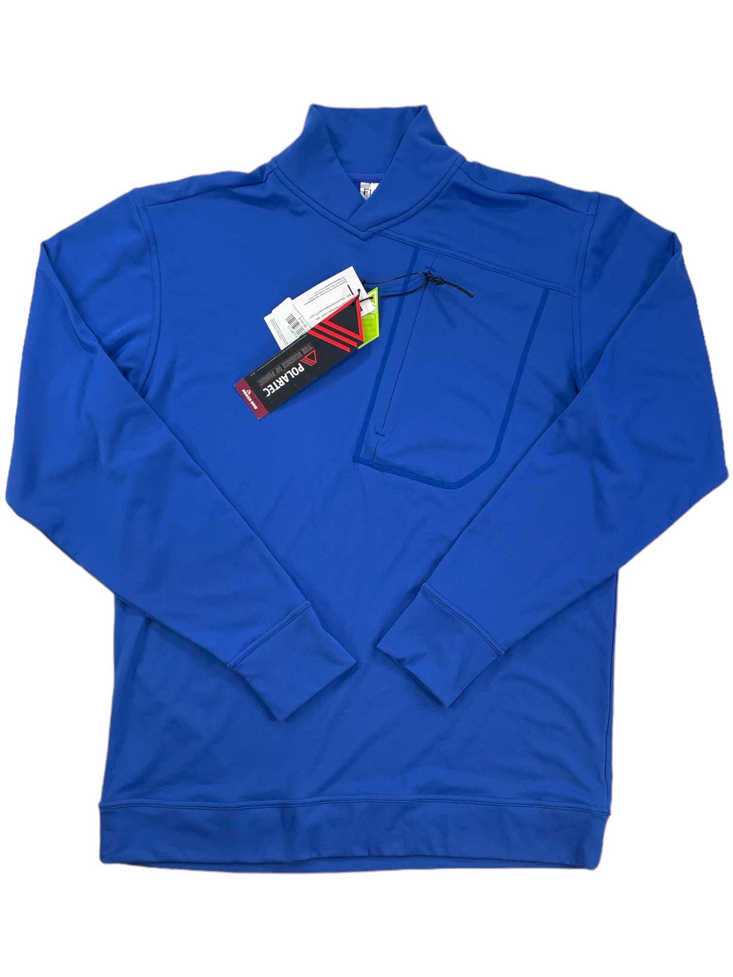 Blue long-sleeve crewneck sweatshirt with V-notch collar and hanging retail tag