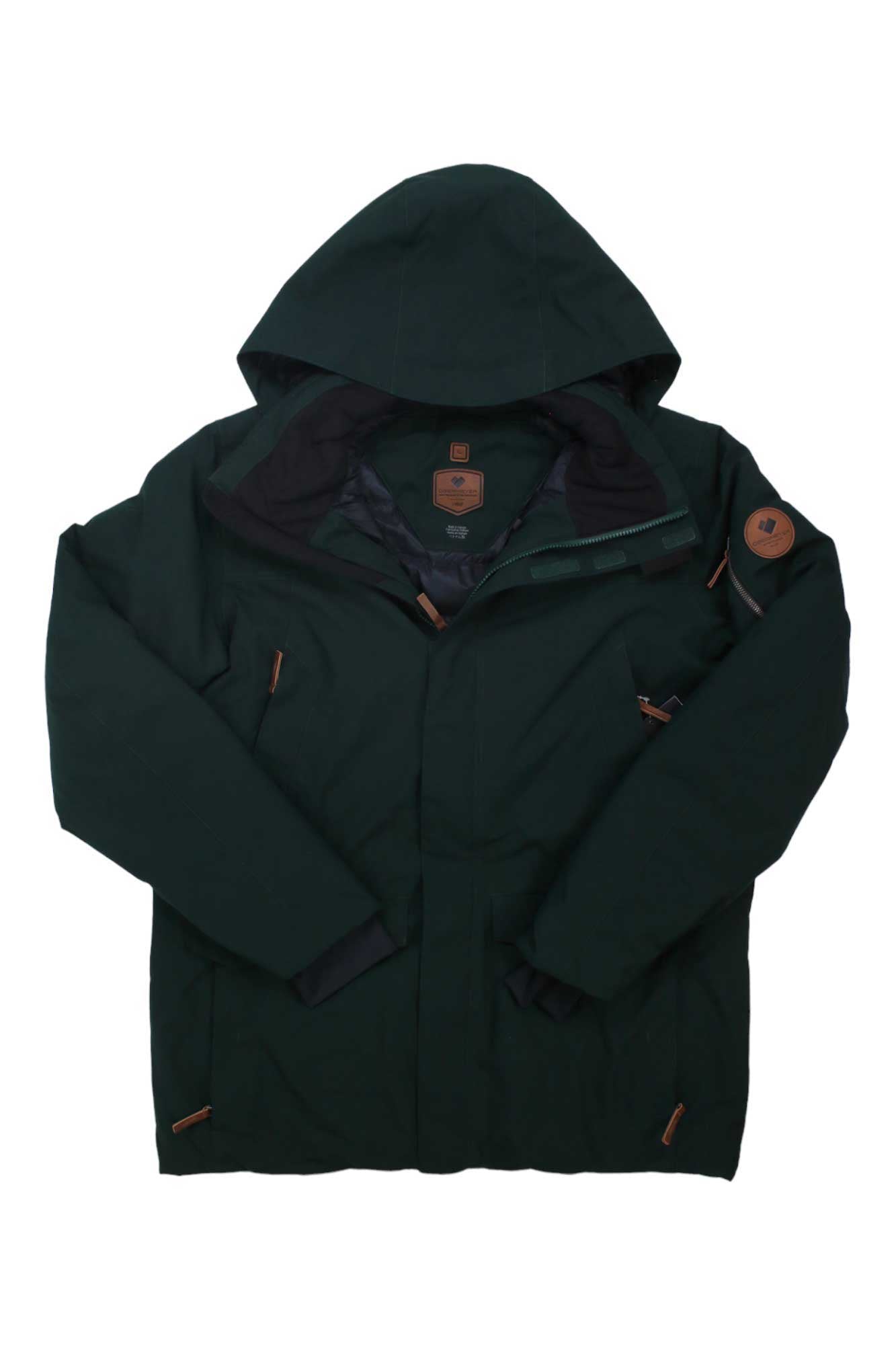 The Obermeyer Mens Ridgeline Jacket is a dark green insulated ski jacket with a zip-up front, brown zipper and patch accents, and a quilted recycled-material lining, shown against a white background.