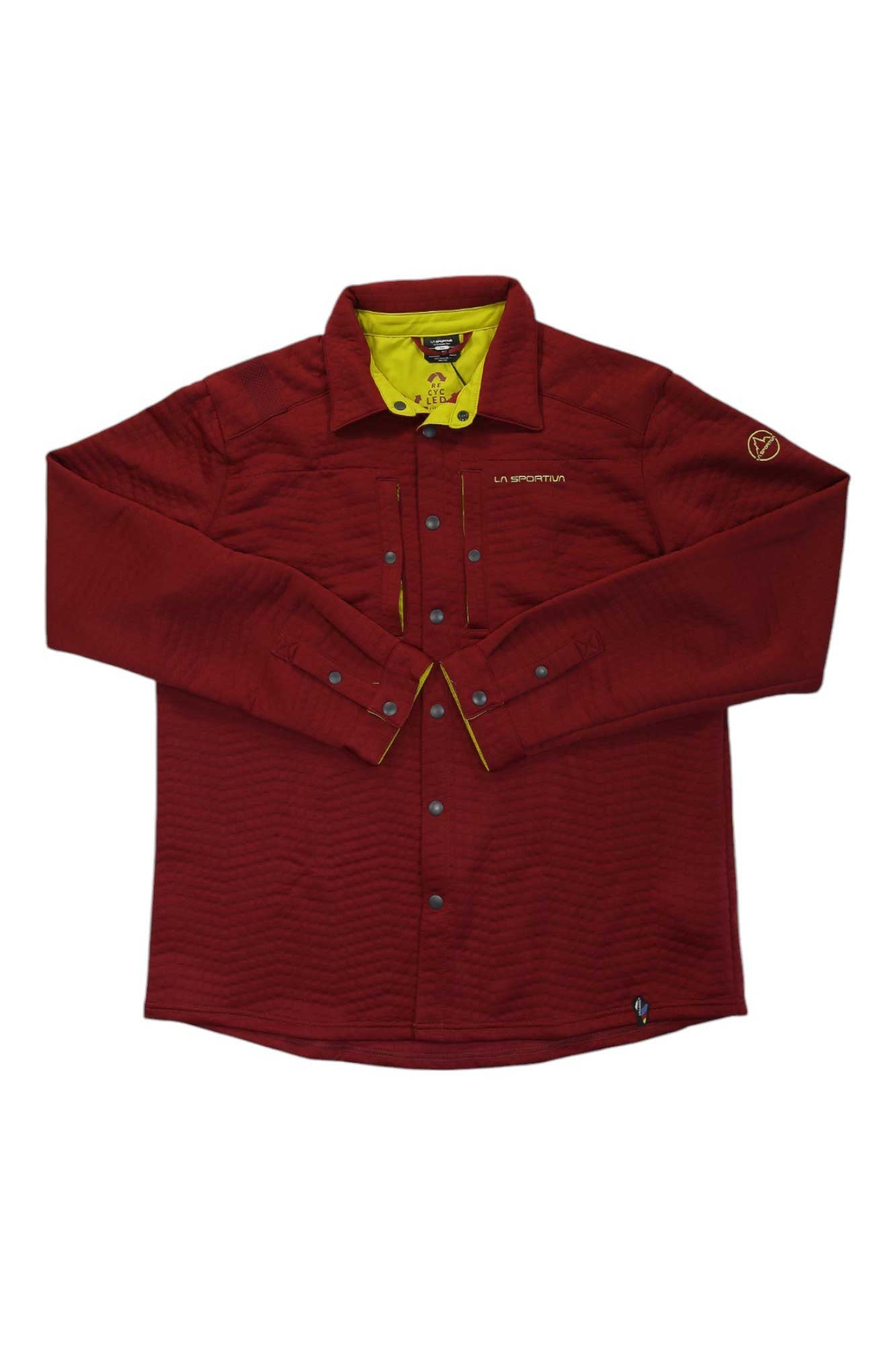 Burgundy long-sleeve button-up shirt with stand collar and bright yellow inner trim.