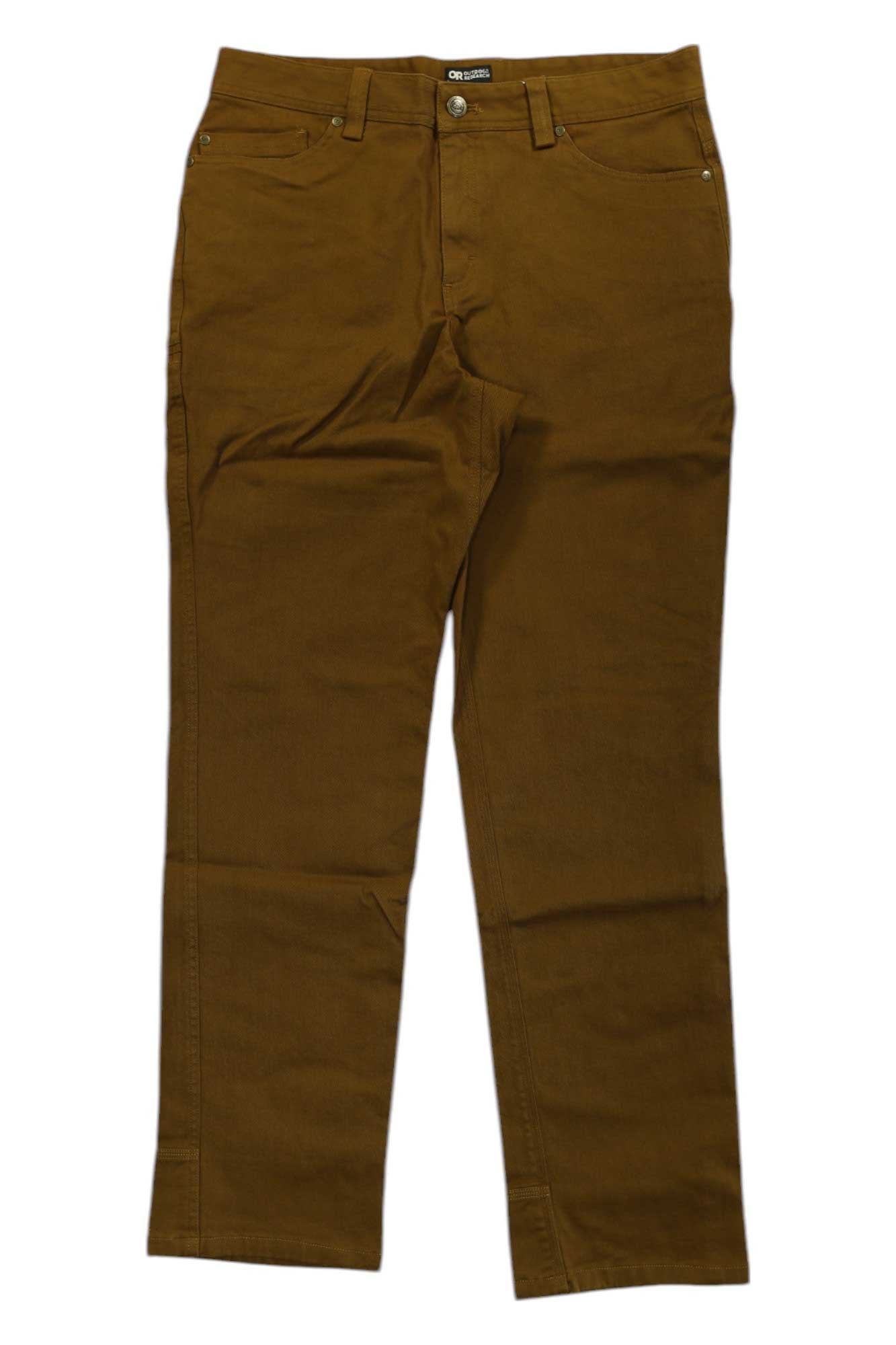 The Outdoor Research Men's Goldbar Pant is a brown, straight-leg travel pant featuring front and back pockets, belt loops, and a button-zipper closure—ideal for any adventure.
