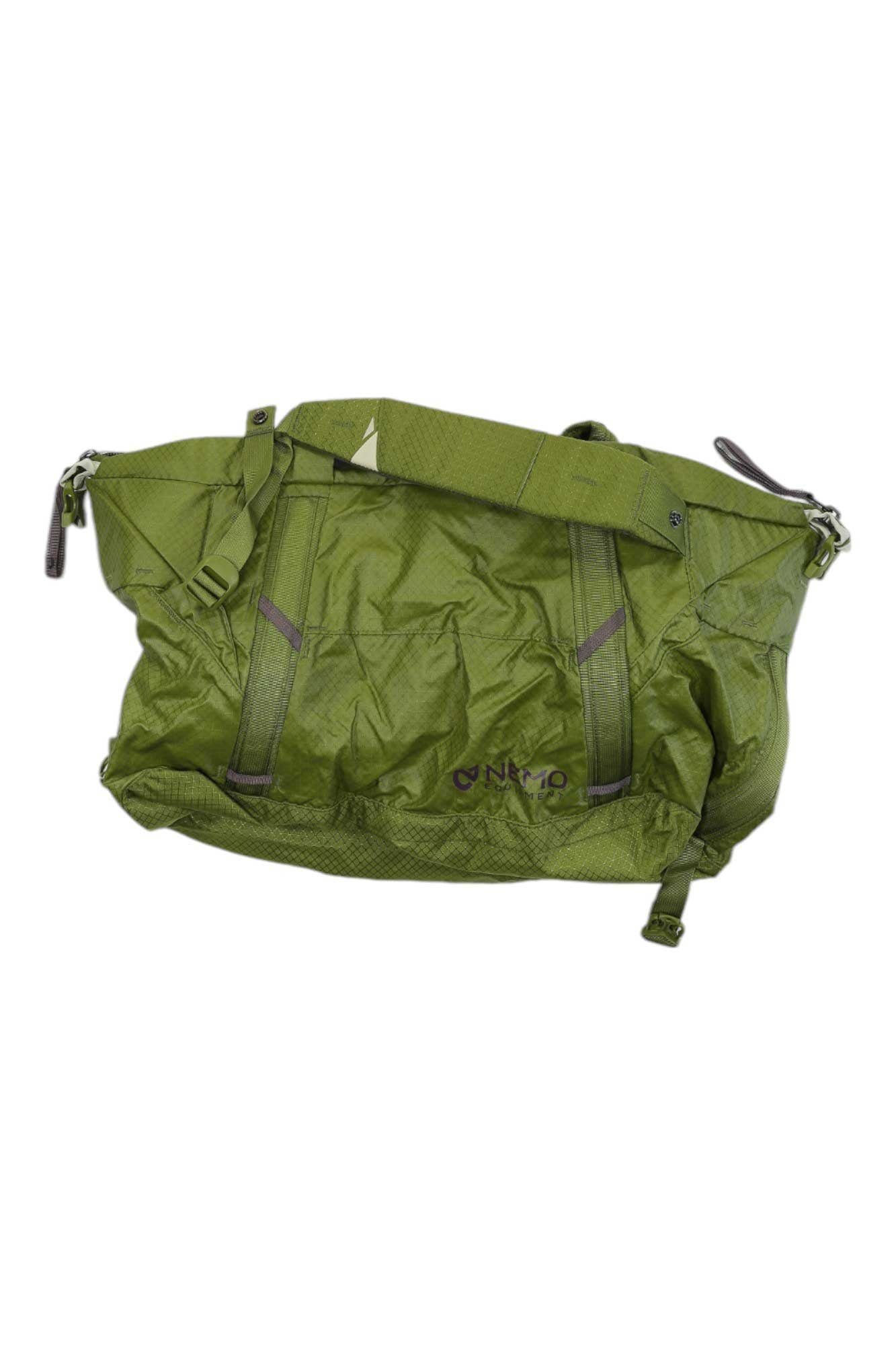 NEMO duffel bag in green with front panel zipper and shoulder straps, 30L