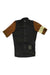 The Rapha Pro Team Training Jersey is short-sleeved with a black body, brown sleeves, and a beige left arm stripe. This performance cycling top has a front zipper and small horizontal stripes on the lower right side.