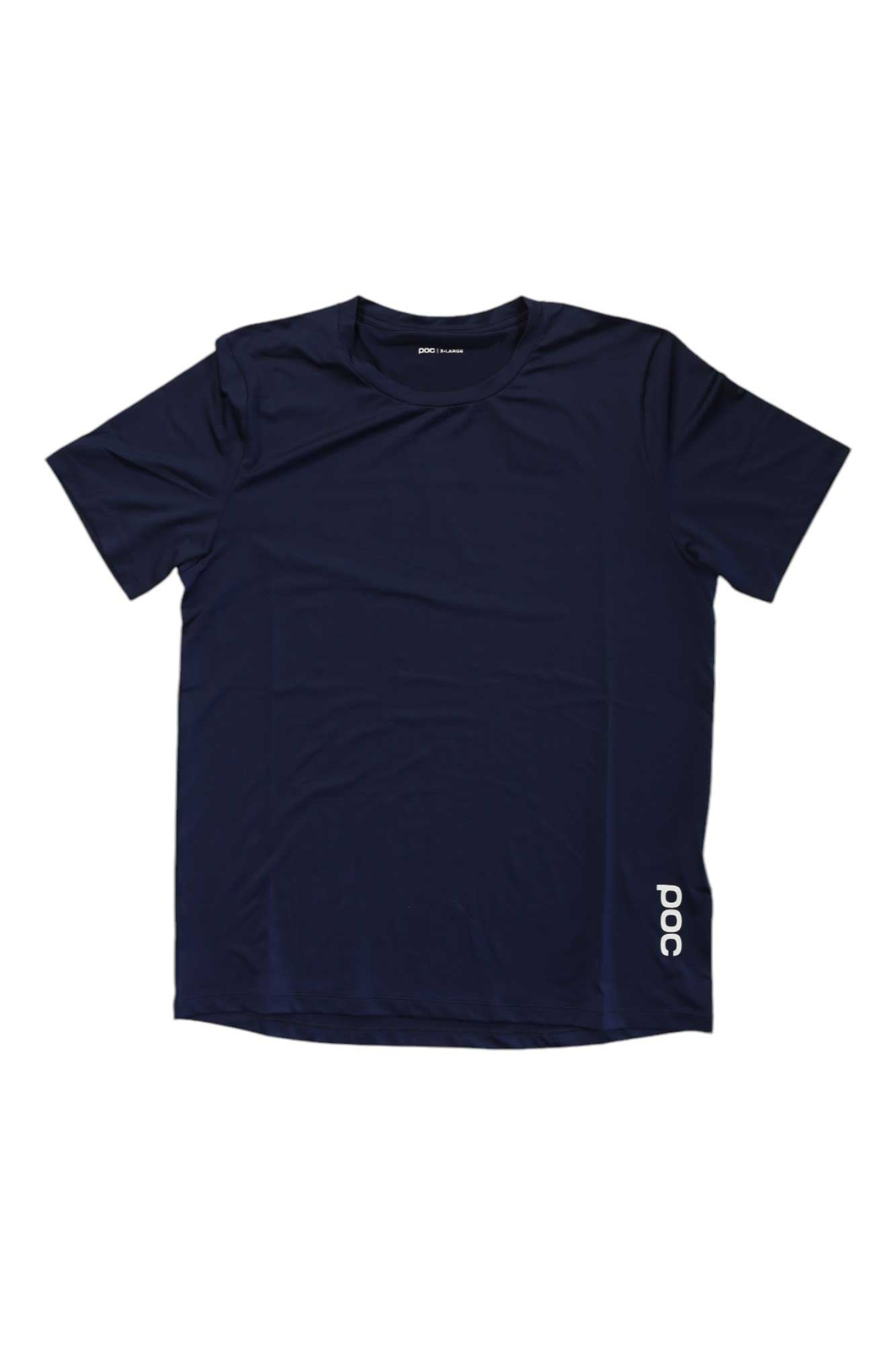 The POC Sports Mens Reform Enduro Light Tee is a plain dark navy, short-sleeve, crew neck shirt with a vertical white POC logo near the left hem. Designed for cycling comfort, it features moisture-wicking fabric.