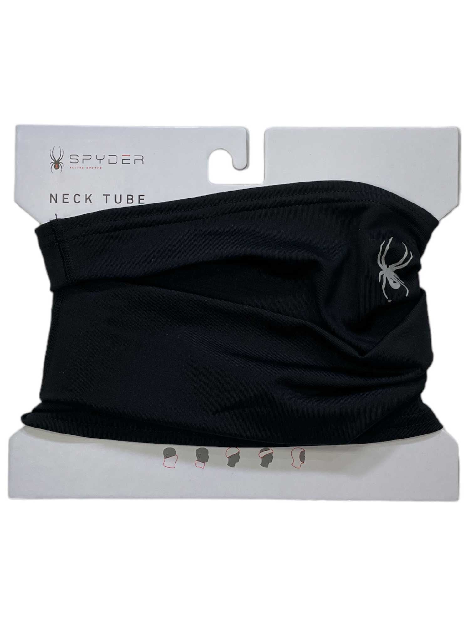 The Spyder Boys' Cruise Tube, in black, comes on white packaging with the Spyder logo and diagrams of multiple wearing styles—ideal for young snowsports enthusiasts.