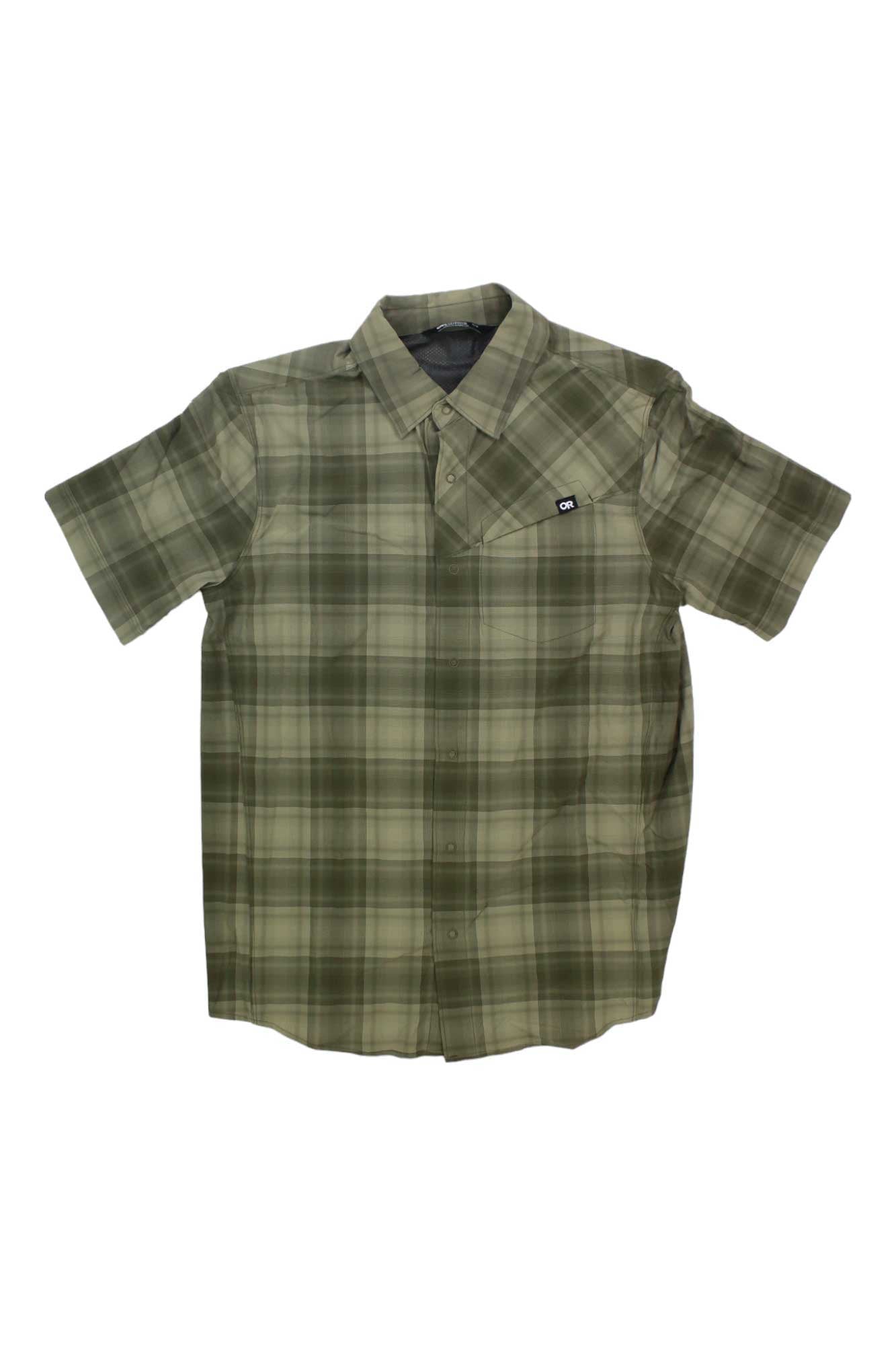 The Outdoor Research Men's Astroman SS Sun Shirt is a green plaid, short-sleeve, button-up shirt with a chest pocket and logo tag, designed for outdoor adventures with UPF 50+ sun protection.