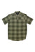 The Outdoor Research Men's Astroman SS Sun Shirt is a green plaid, short-sleeve, button-up shirt with a chest pocket and logo tag, designed for outdoor adventures with UPF 50+ sun protection.