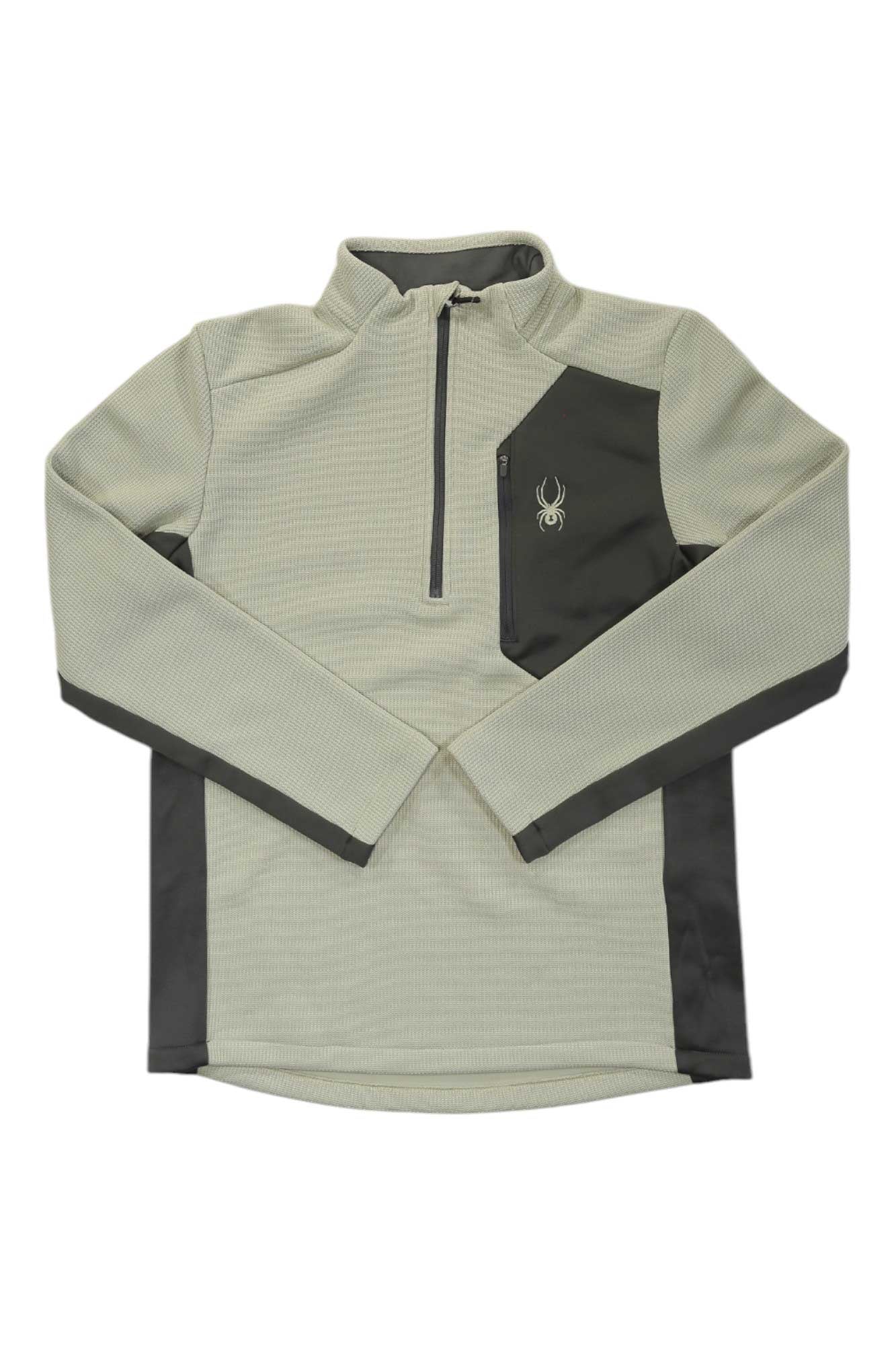 The Spyder Mens Bandit 1/2 Zip Top is a light gray fleece pullover with black quarter-zip, black side panels, and a spider logo on the chest, shown laid flat against a white background.