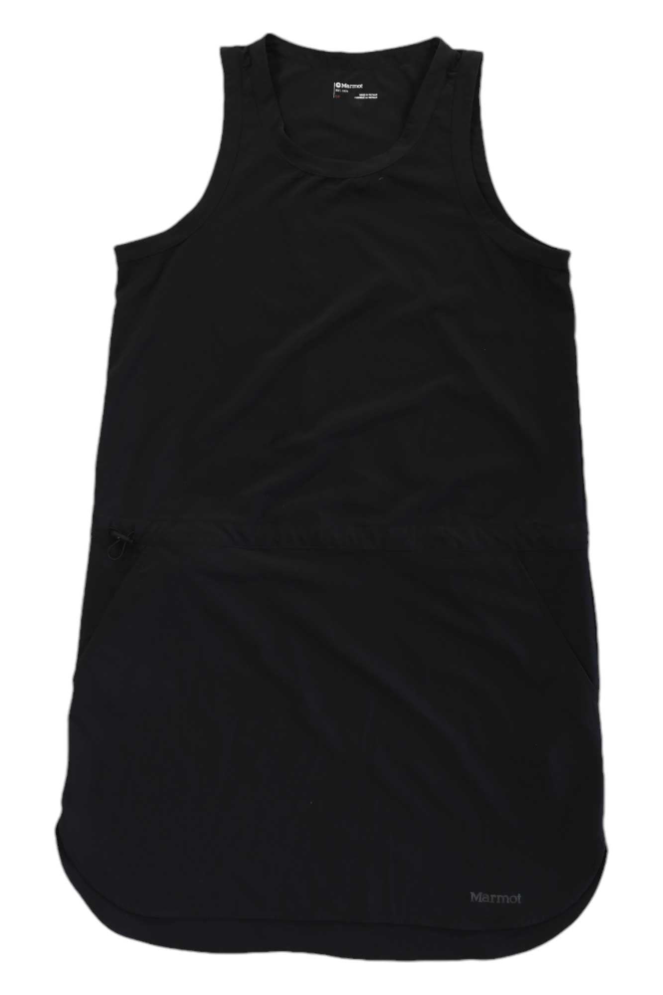 The Marmot Womens Elda Dress is a sleeveless black travel dress with a round neckline, knee-length hem, subtle waist seams, and a small logo near the bottom for minimal style and versatile wear.