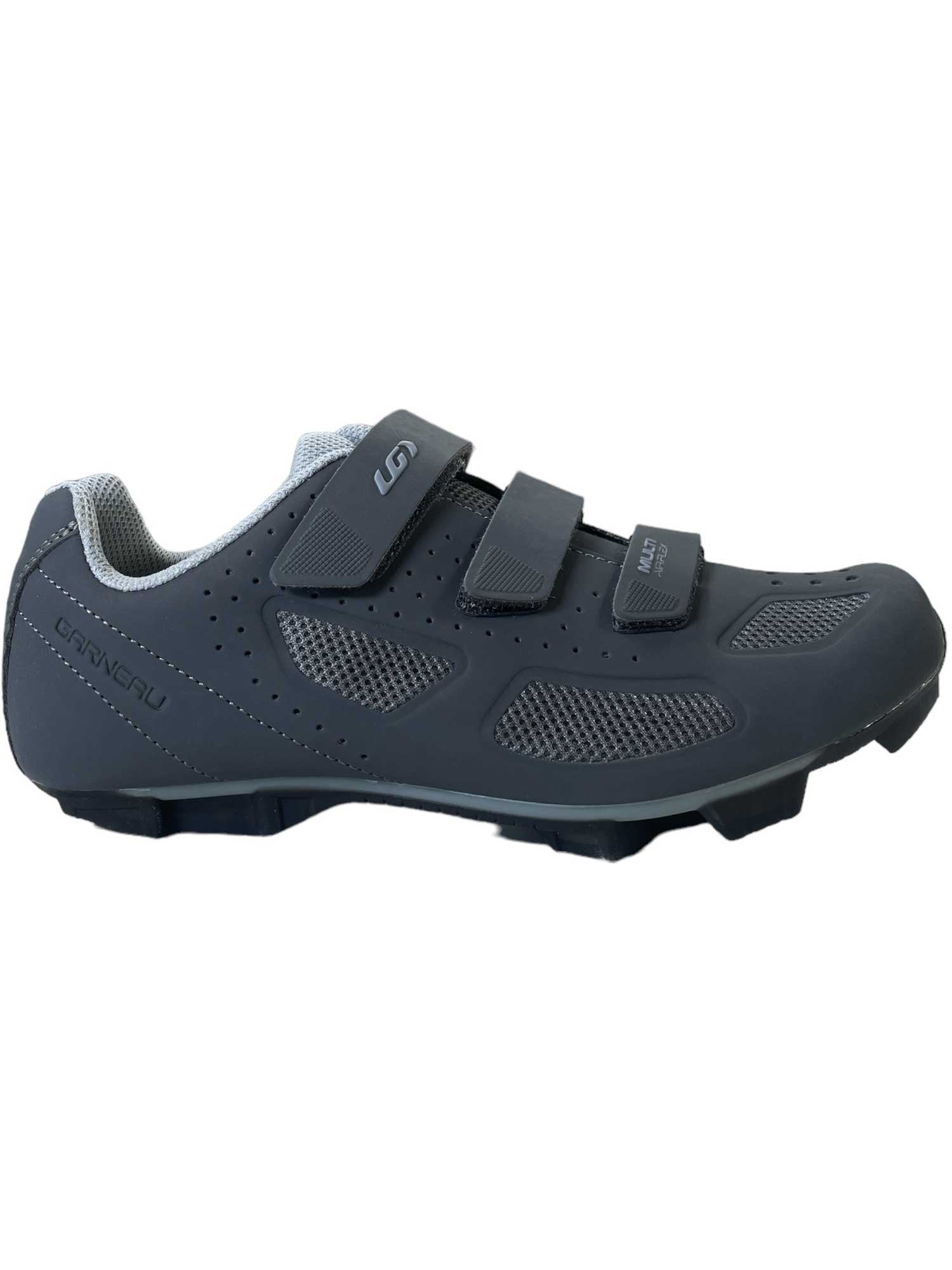 The Louis Garneau Womens Multi Air Flex II Shoe is a gray cycling shoe with three Velcro straps, breathable mesh panels, a reinforced toe, and 2-bolt cleat compatibility, shown from the side on a white background.
