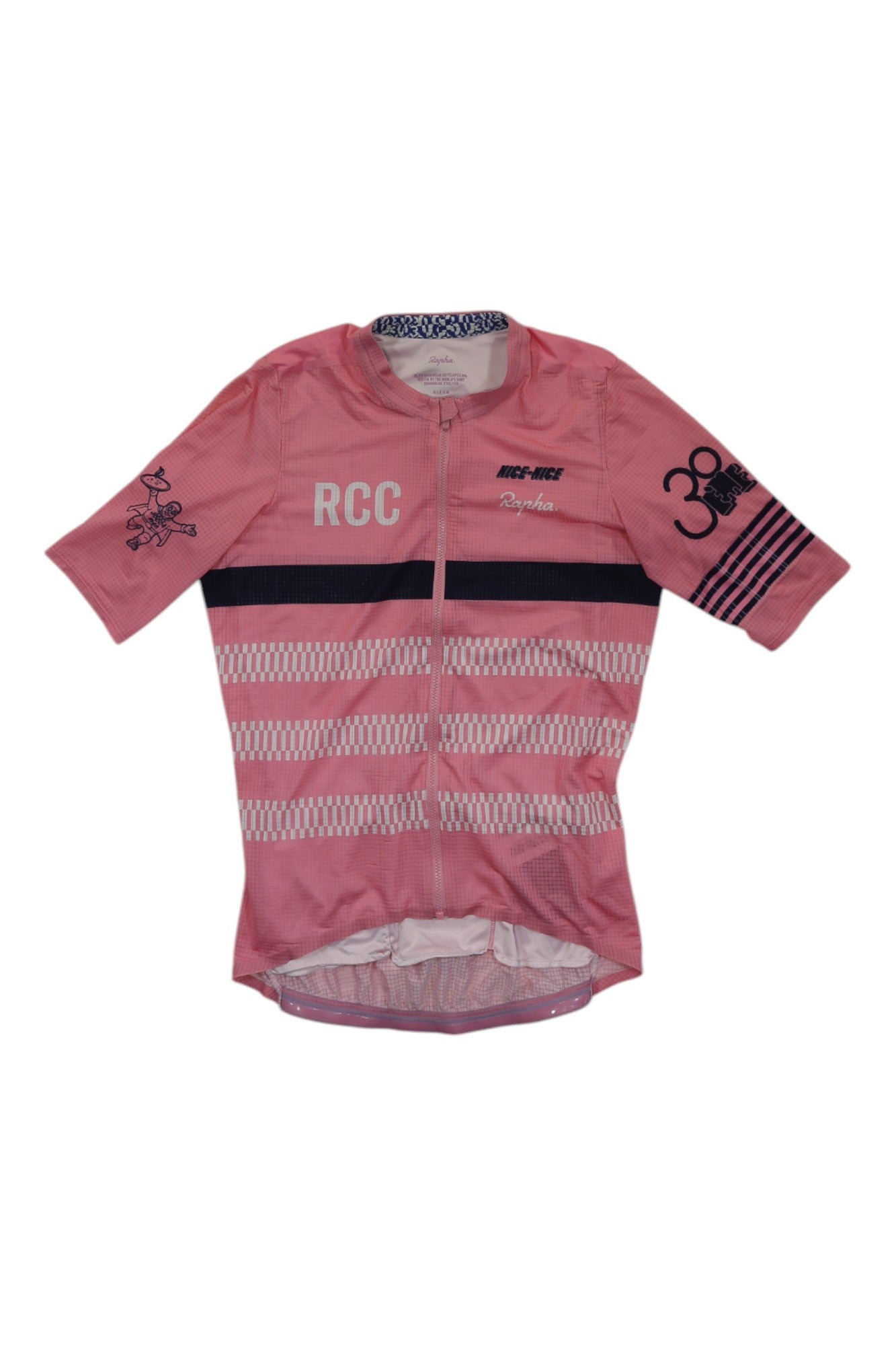 The Rapha Men's Etape RCC Pro Team Flyweight Jersey is a pink short-sleeve cycling jersey featuring black and white geometric patterns, RCC text, logos on the chest and sleeves, a front zipper, and round neck for optimal performance.