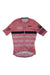 The Rapha Men's Etape RCC Pro Team Flyweight Jersey is a pink short-sleeve cycling jersey featuring black and white geometric patterns, RCC text, logos on the chest and sleeves, a front zipper, and round neck for optimal performance.