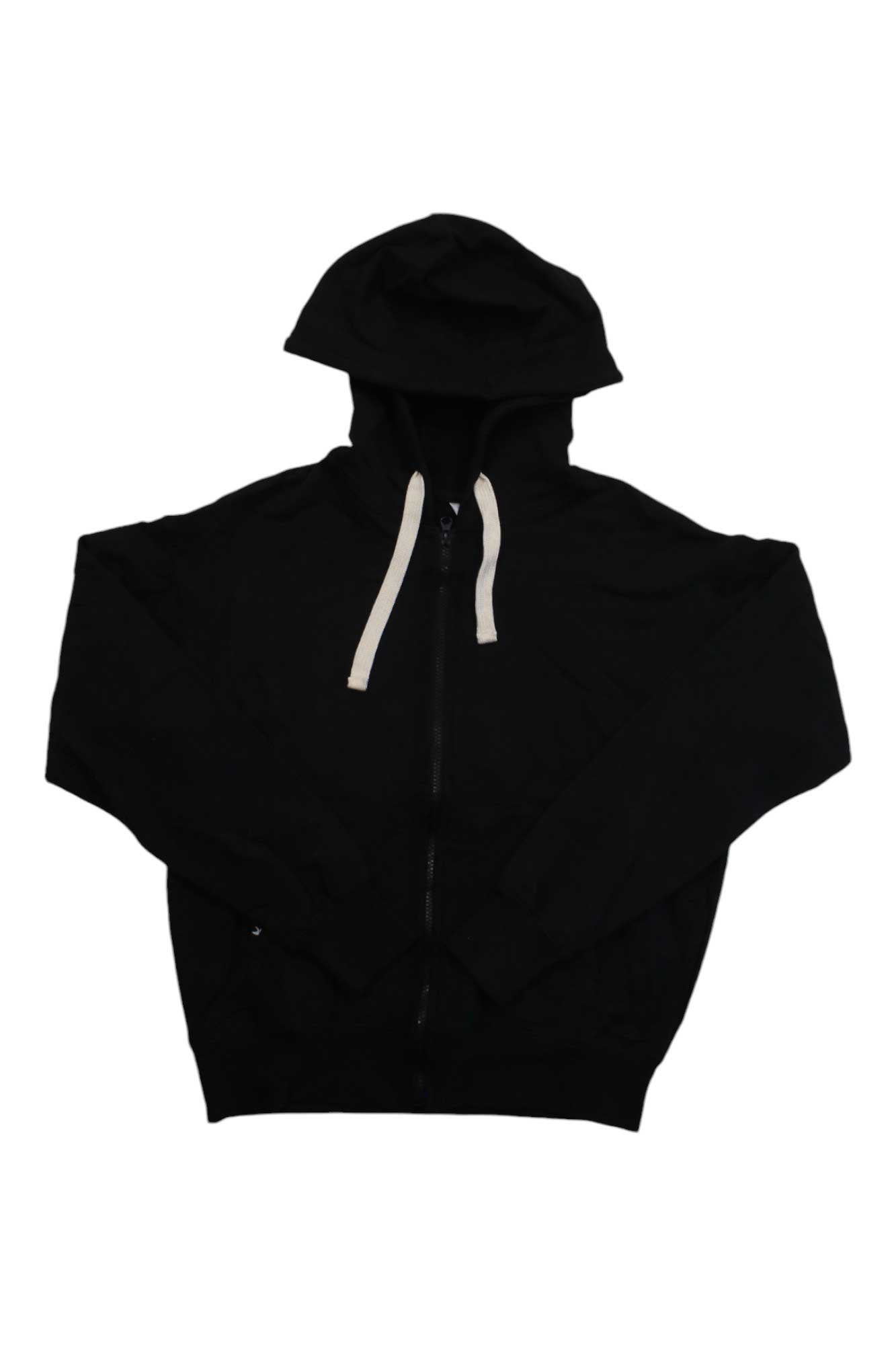 A black Glyder Womens Vintage Oversized Zip Up Hoodie featuring a hood and white drawstrings, shown laid flat on a white background.