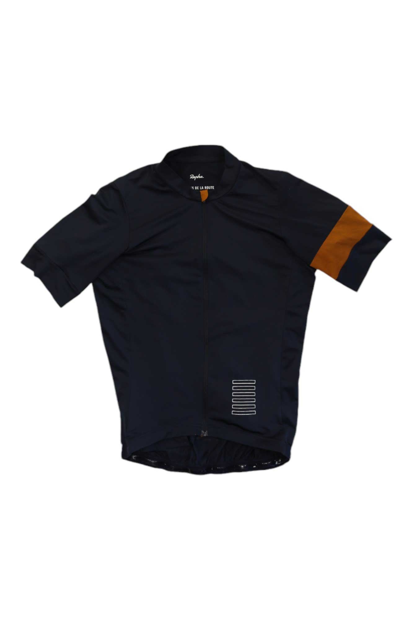 The Pro Team Training Jersey II is a lightweight black short-sleeve cycling top with a vertical zipper, brown left sleeve band, and small white stripes near the hem—ideal for high-performance rides.