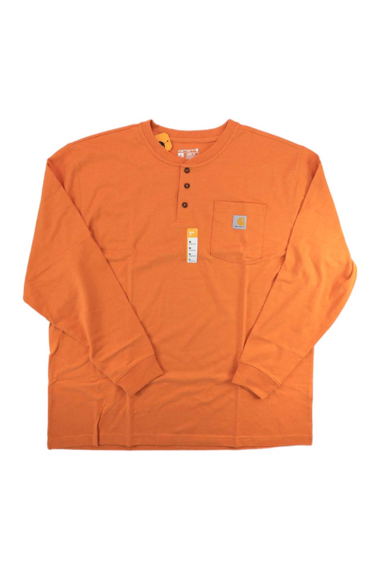 The Carhartt Mens Workwear Pocket Long Sleeve Henley Top in orange features a three-button collar, chest pocket with Carhartt logo patch, and tags below the pocket, shown laid flat on a white background.