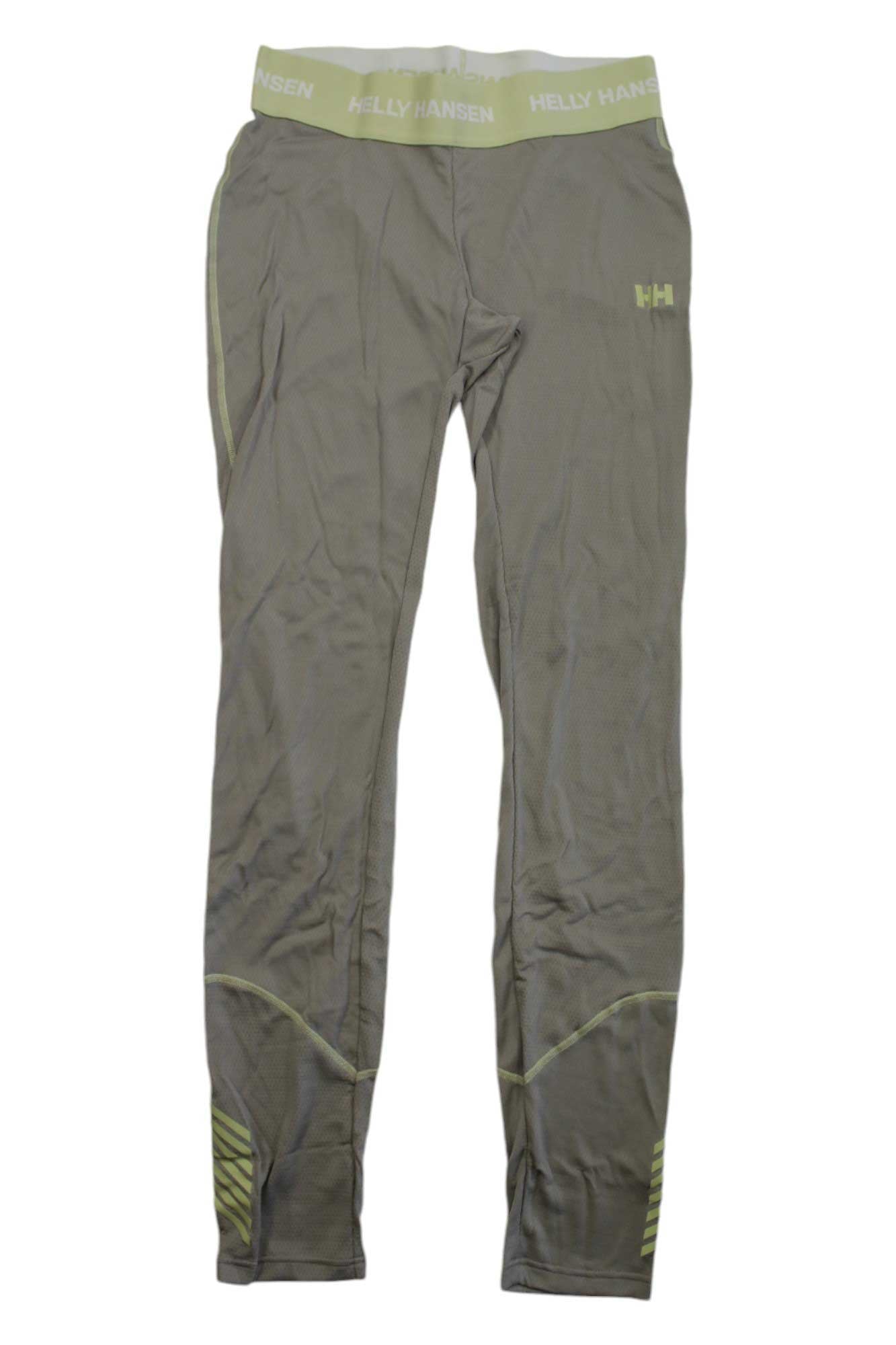 The Helly Hansen Womens Lifa Active Pant is a pair of gray athletic leggings with a logo on the waistband and left thigh, light green accents, mesh ankle details, and Lifa Active base layer technology for moisture management.