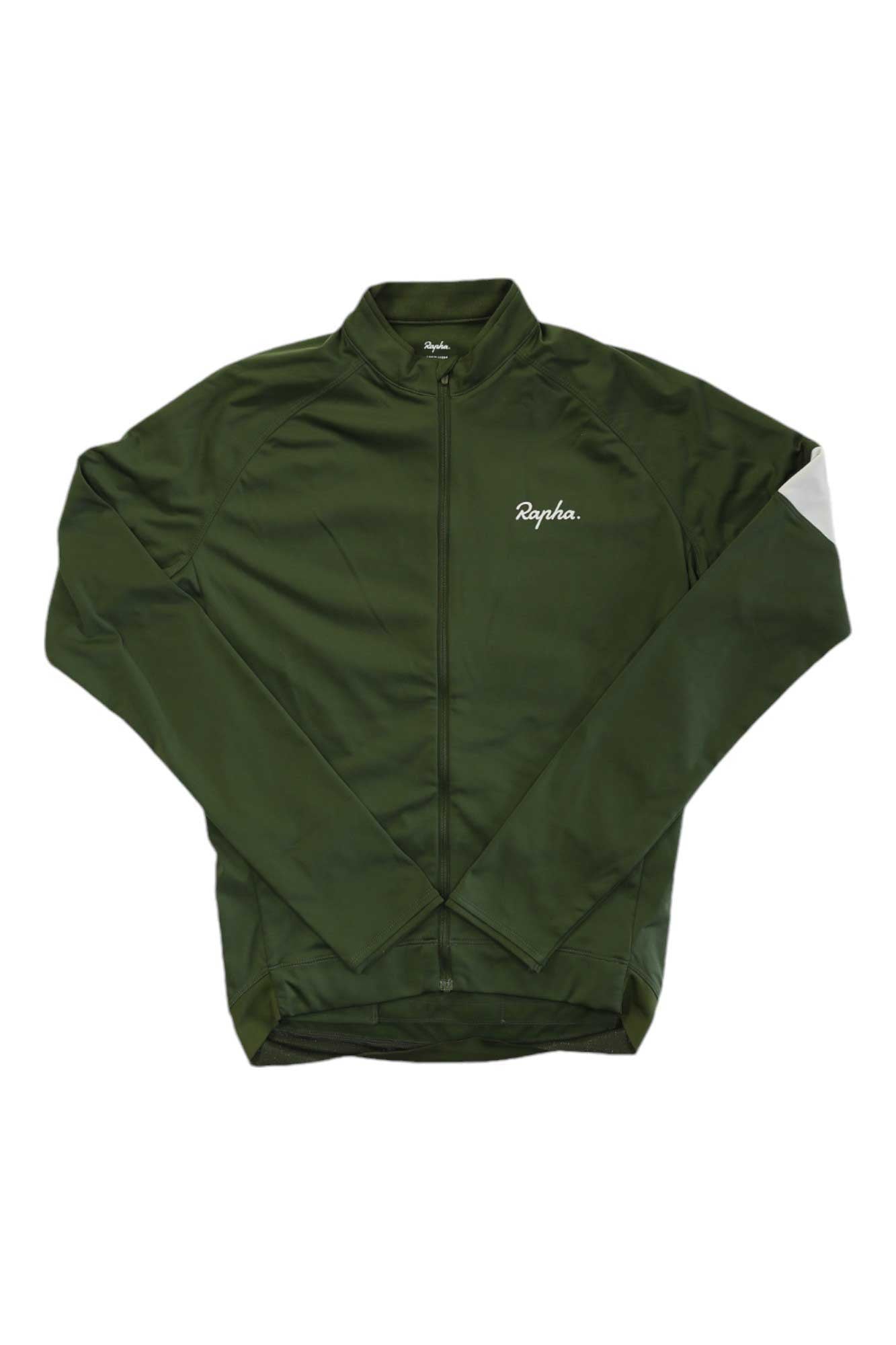 A dark green Rapha Mens Core Long Sleeve Jersey with moisture-wicking fabric, front zipper, left chest Rapha logo, and a white stripe on the upper left sleeve is shown laid flat on a white background.