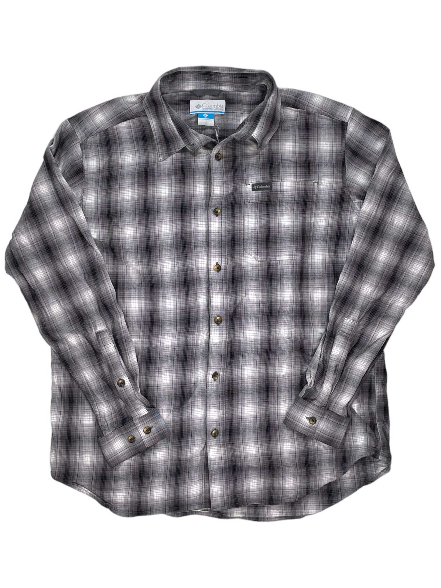 The Mens Vapor Ridge III Long Sleeve Shirt is a stretchy button-down with a black, gray, and white plaid pattern, classic collar, comfort stretch fit, and multi-functional chest pocket, shown on a white background.