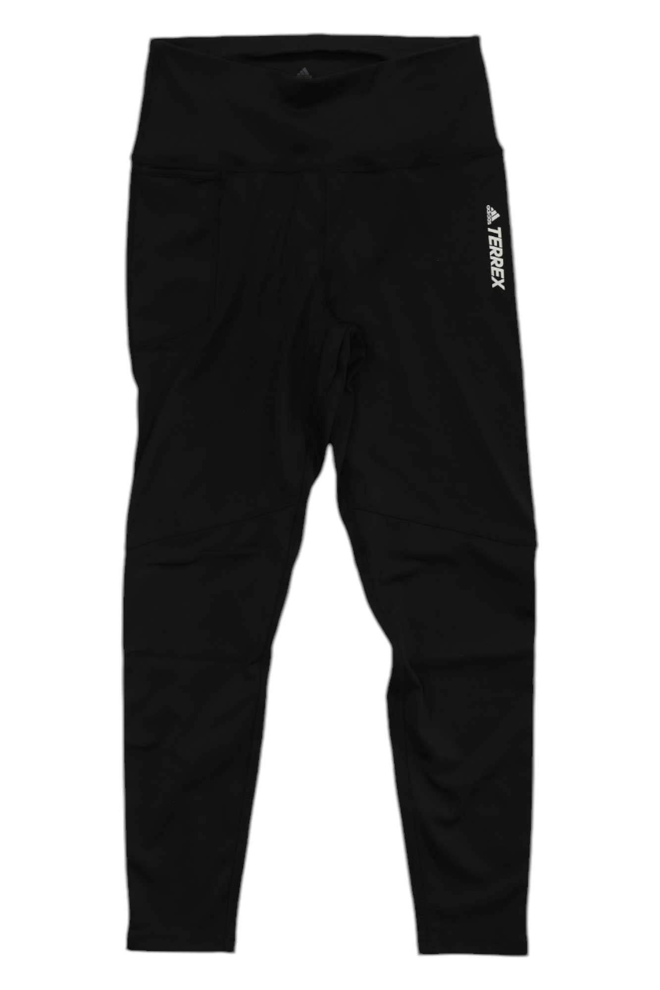 Adidas Women's Terrex Multi Tight—black high-waisted leggings made from recycled materials with side pockets and a white Terrex logo on the right thigh—are shown laid flat on a white background.