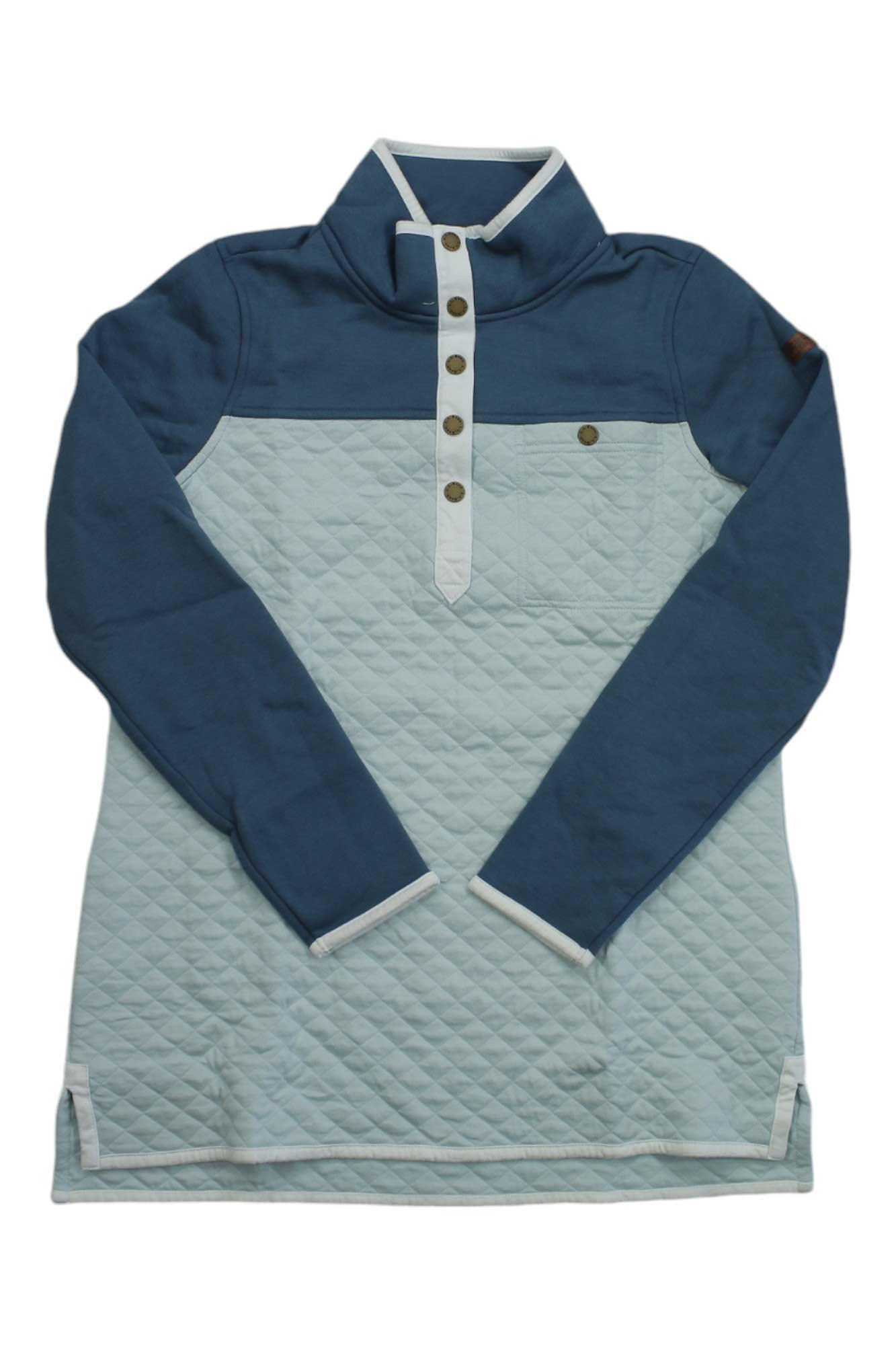 Quilted colorblock mockneck tunic, deep navy sleeves with pale aqua body and snap placket
