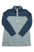 Quilted colorblock mockneck tunic, deep navy sleeves with pale aqua body and snap placket