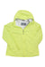 The Eddie Bauer Womens Cloud Cap Jacket is a bright yellow-green rain jacket for women with a front zipper, side pockets, subtle chest branding, a light gray lining, and hood up, shown flat. Breathable and designed for outdoor use.