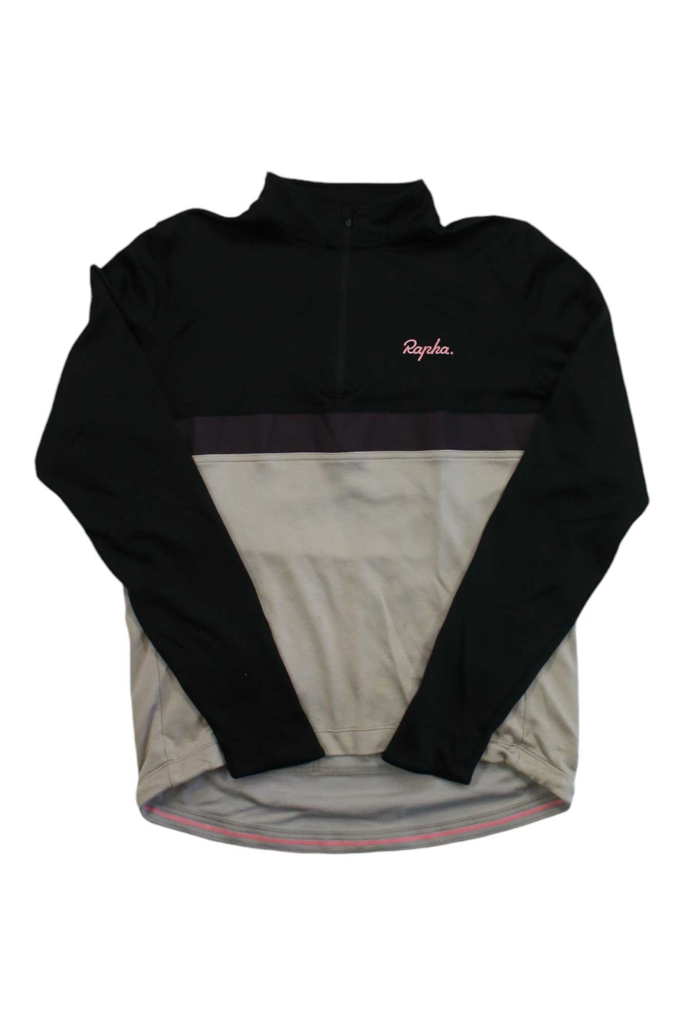 The Long Sleeve Club Jersey is a stylish Rapha cycling jersey with a black upper and sleeves, gray lower section, dark chest stripe, and a pink Rapha logo on the left chest.