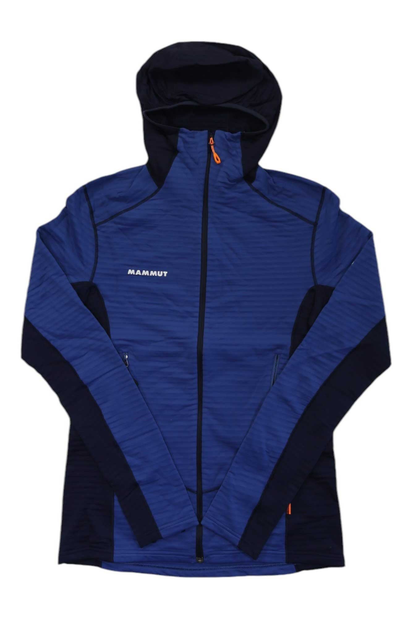 The Mammut Mens Taiss Light ML Hooded Jacket is a blue and black fleece with a hood, orange zippers, side zip pockets, long sleeves, and the Mammut logo on the left chest—ideal for your next outdoor adventure.