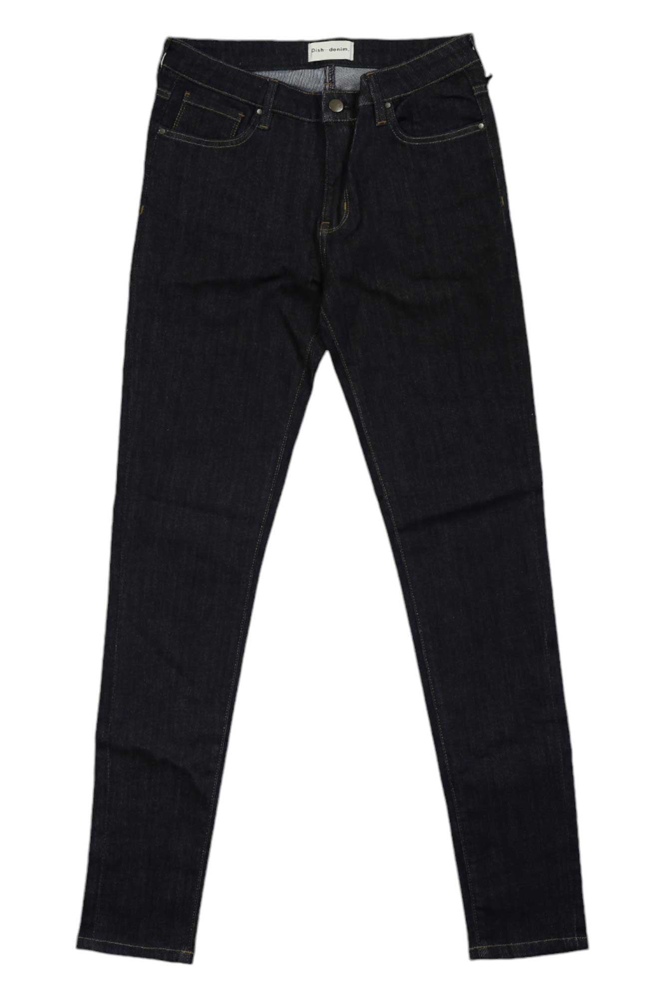 The dish Womens Skinny Jean in dark blue is shown laid flat on a white background, featuring front and back pockets, belt loops, and a button closure for a modern casual look.