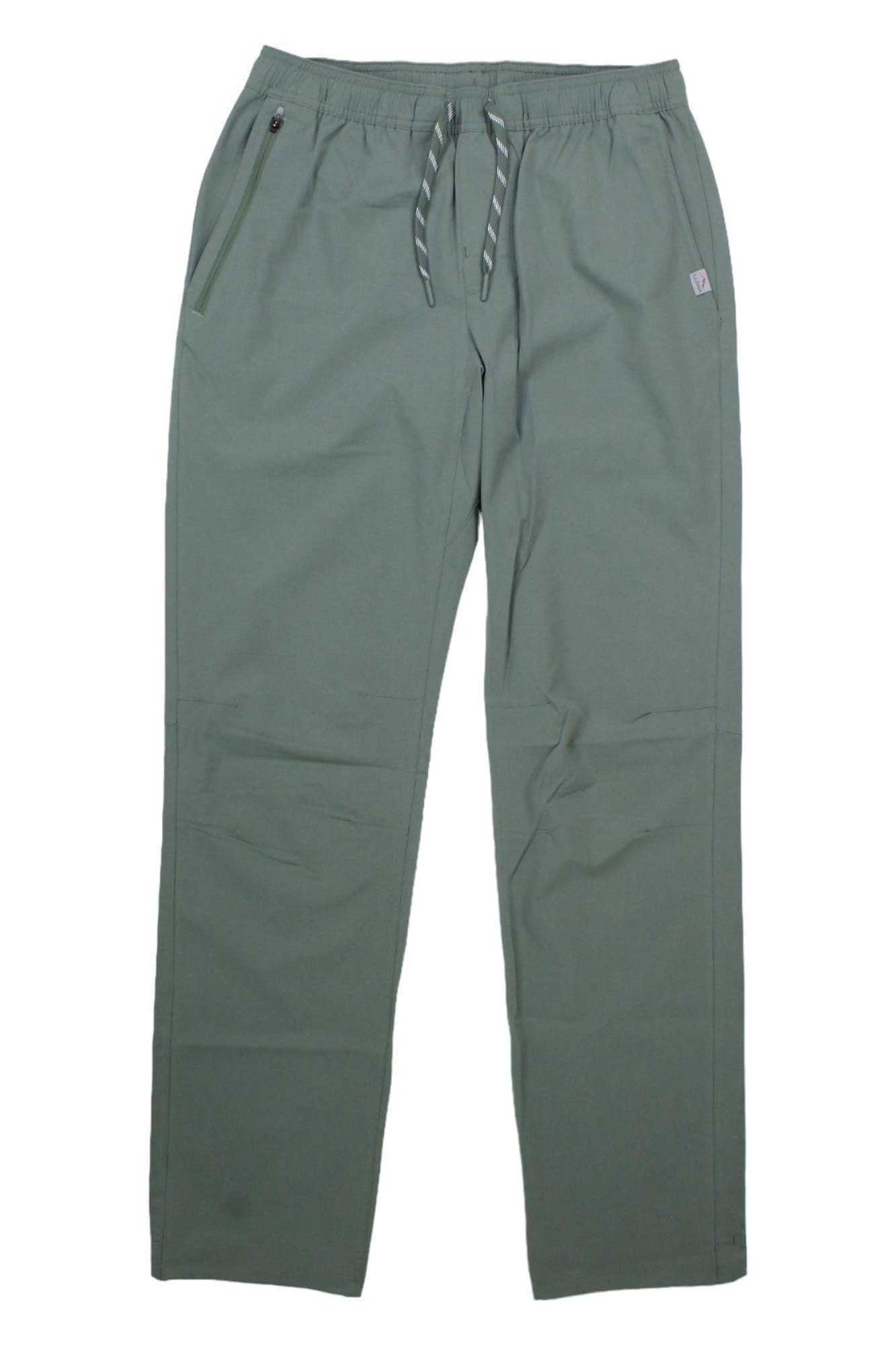 The L.L.Bean Men's Multisport 32 Inch Pant in light olive green features an elastic waistband, quick-dry fabric, two side pockets, and a relaxed fit, shown laid flat on a white background.