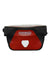 Two-tone handlebar bag with black top flap and red front panel, Ortlieb logo patch