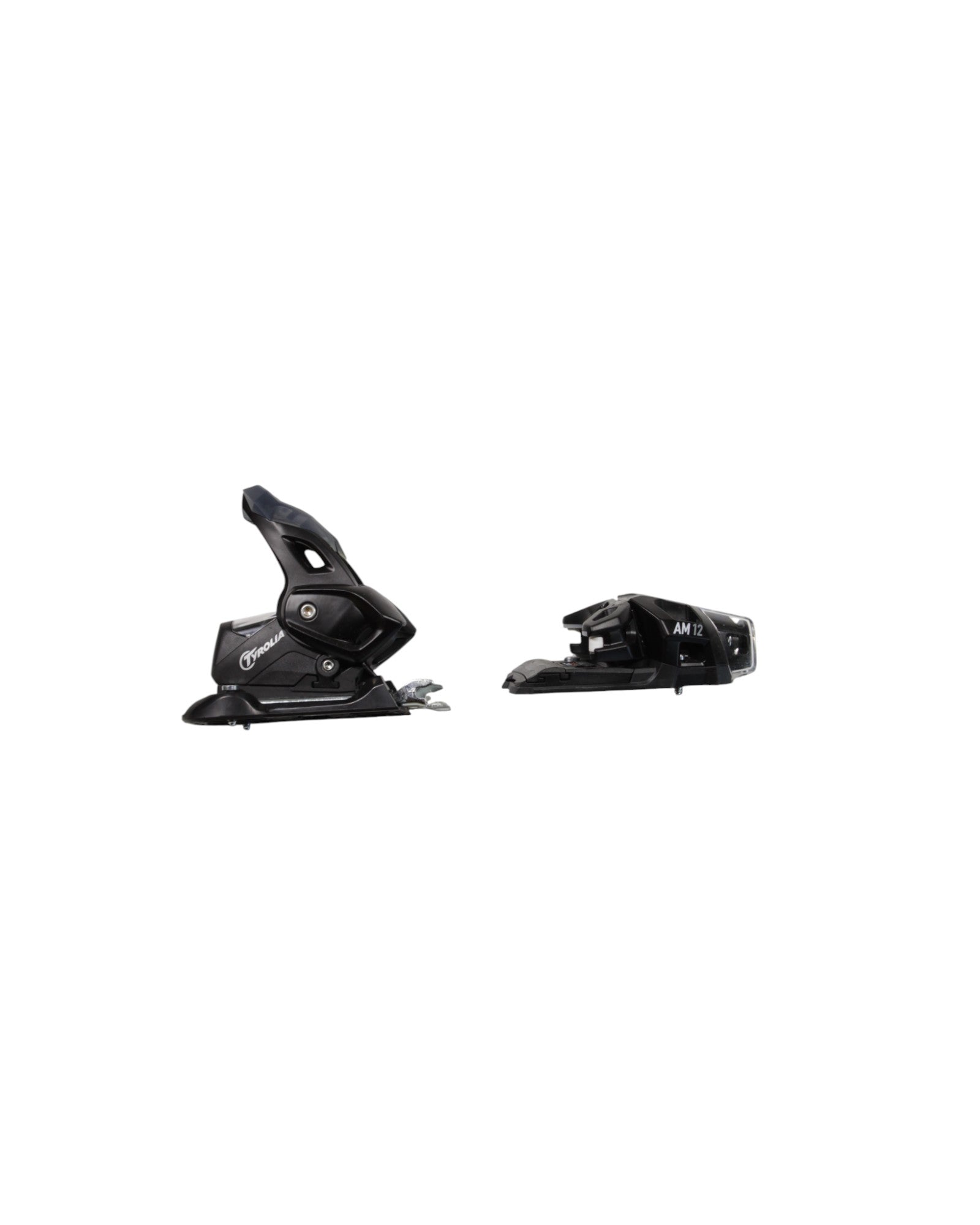Tyrolia AM 12 GW ski bindings, black, side profile view of toe and heel