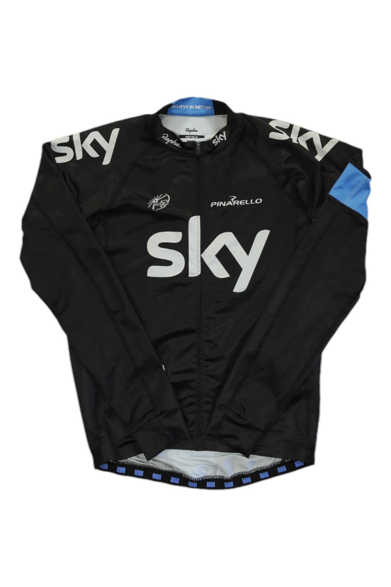 Black long-sleeve cycling jersey with full front zipper and sky logo graphics.