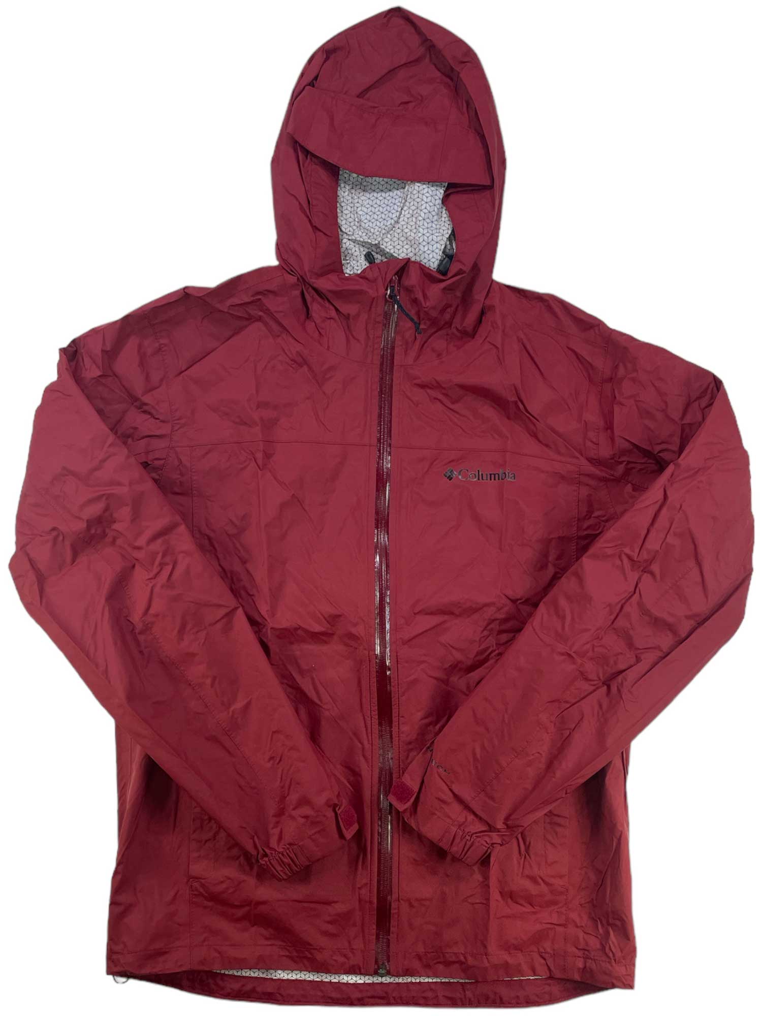 A Columbia Men's EvaPOURation Jacket in red, featuring a waterproof design, front zipper, long sleeves, and mesh-lined hood, laid flat on a white background.