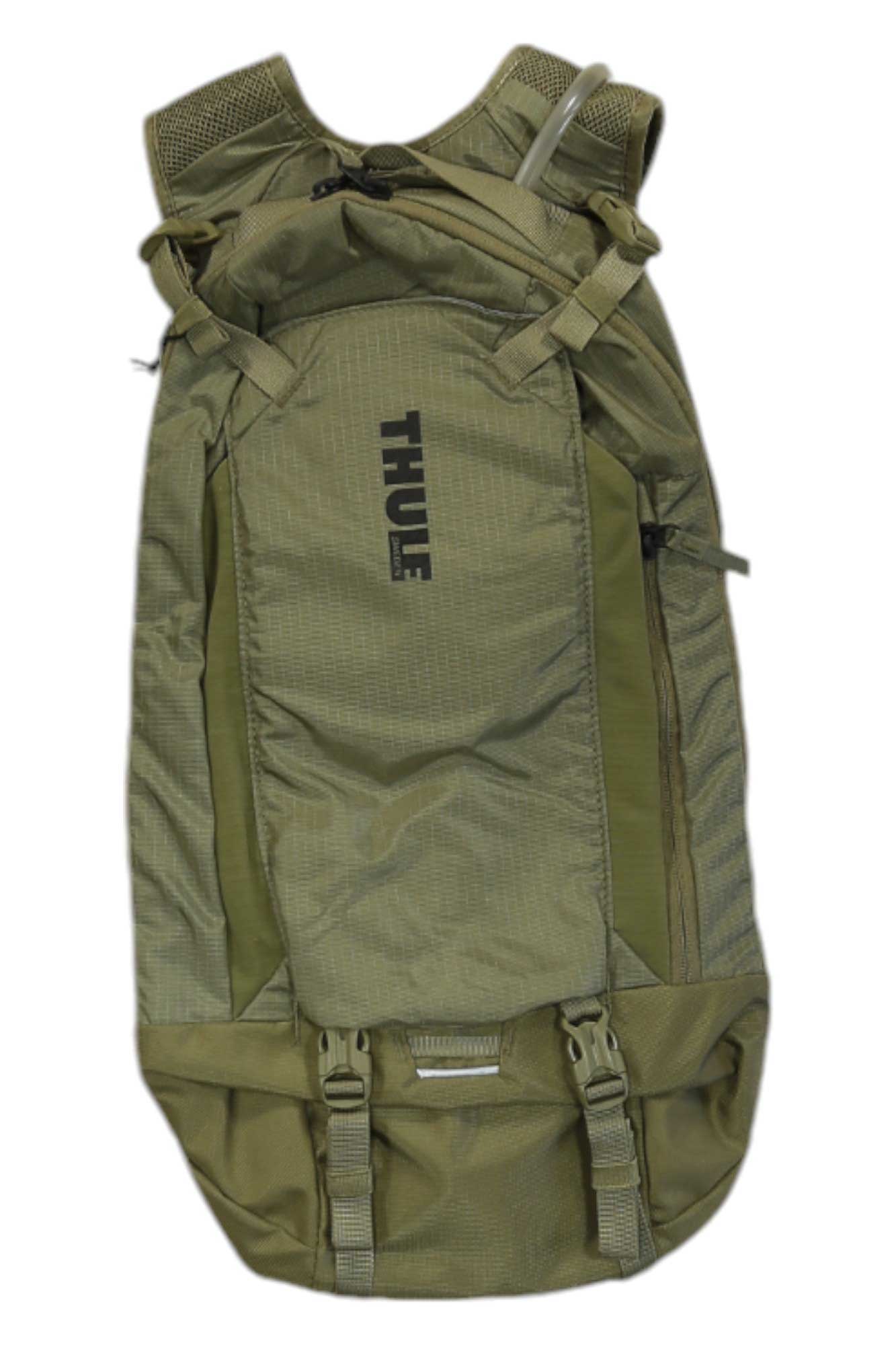 Olive green Thule hydration pack with front pocket and adjustable straps