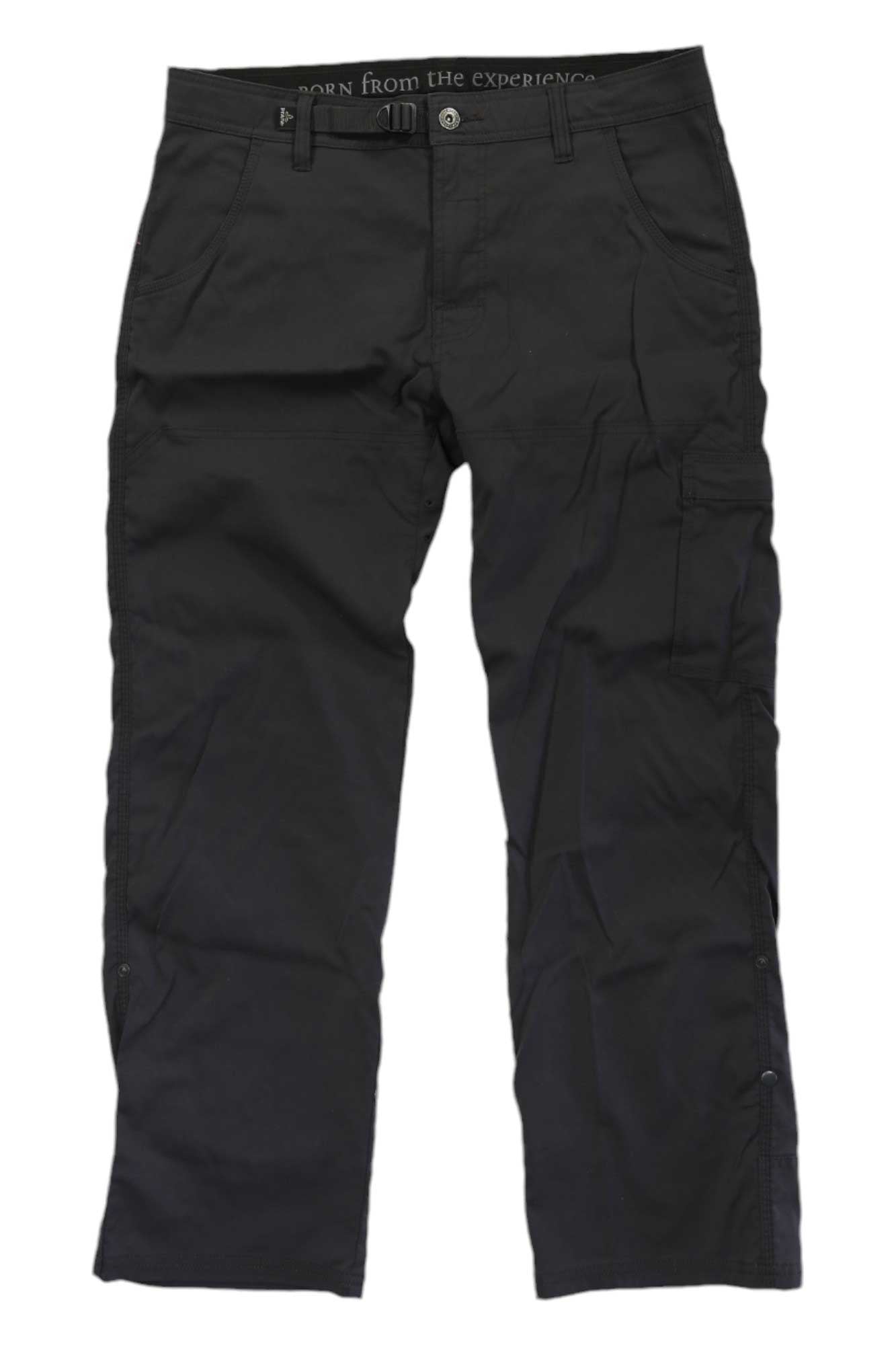 A pair of Men's Stretch Zion Pants in black, featuring quick-dry fabric, multiple pockets, belt loops, and a slightly wrinkled look, laid flat on a white background.