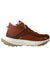 The Vasque Mens Here Mid Shoe is shown in brown with a white sole, light blue accents on the heel and collar, and side VASQUE branding. Made with recycled polyester, pictured in side profile against a plain white background.