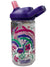 Kids water bottle with purple lid and straw, clear body with floral rainbow print