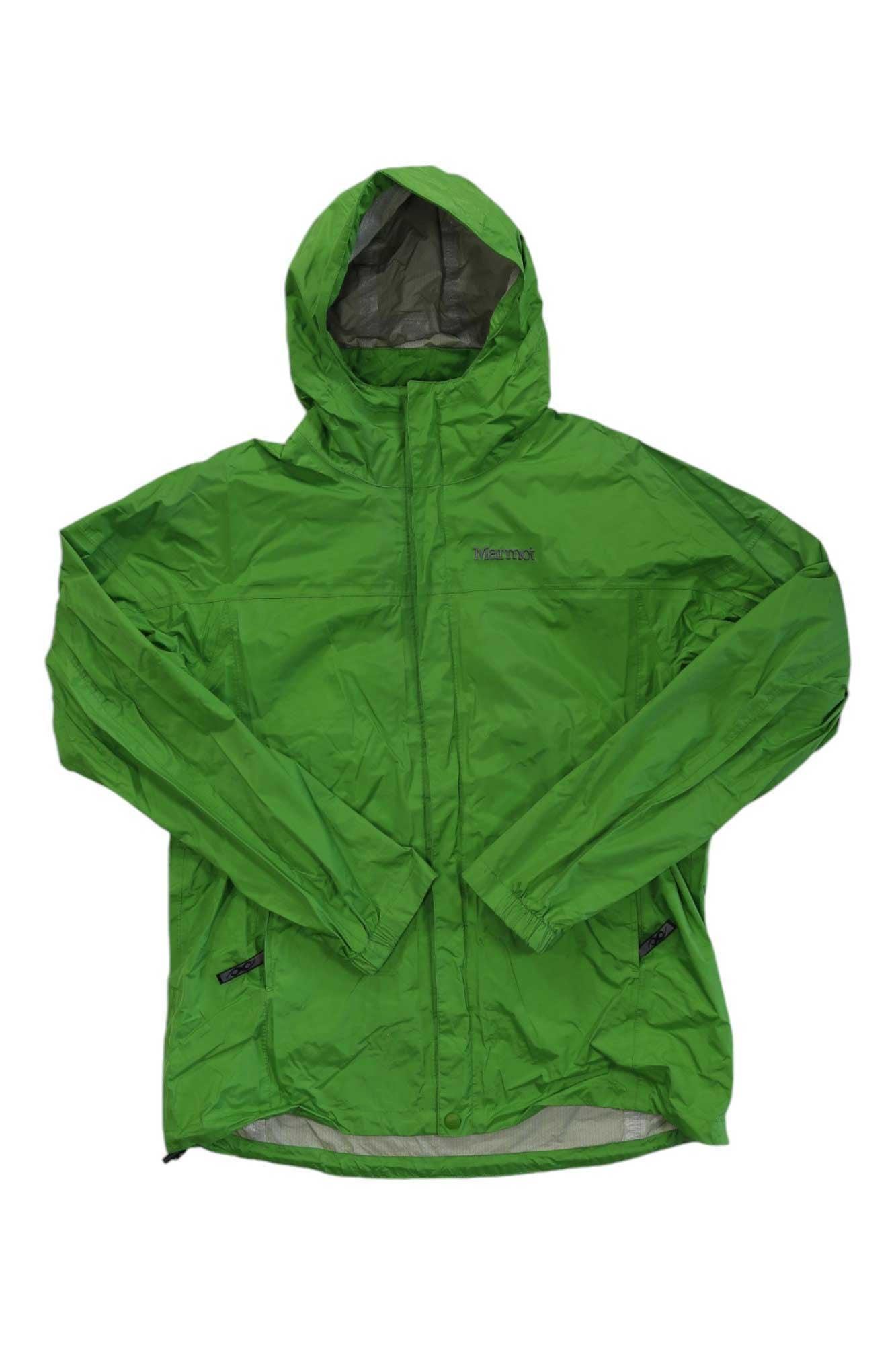 The Marmot Men's PreCip Eco Jacket in bright green is a waterproof, recycled nylon jacket featuring a hood, front zipper, and two zippered side pockets—ideal for hiking. Shown laid flat on a white background.