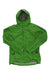 The Marmot Men's PreCip Eco Jacket in bright green is a waterproof, recycled nylon jacket featuring a hood, front zipper, and two zippered side pockets—ideal for hiking. Shown laid flat on a white background.