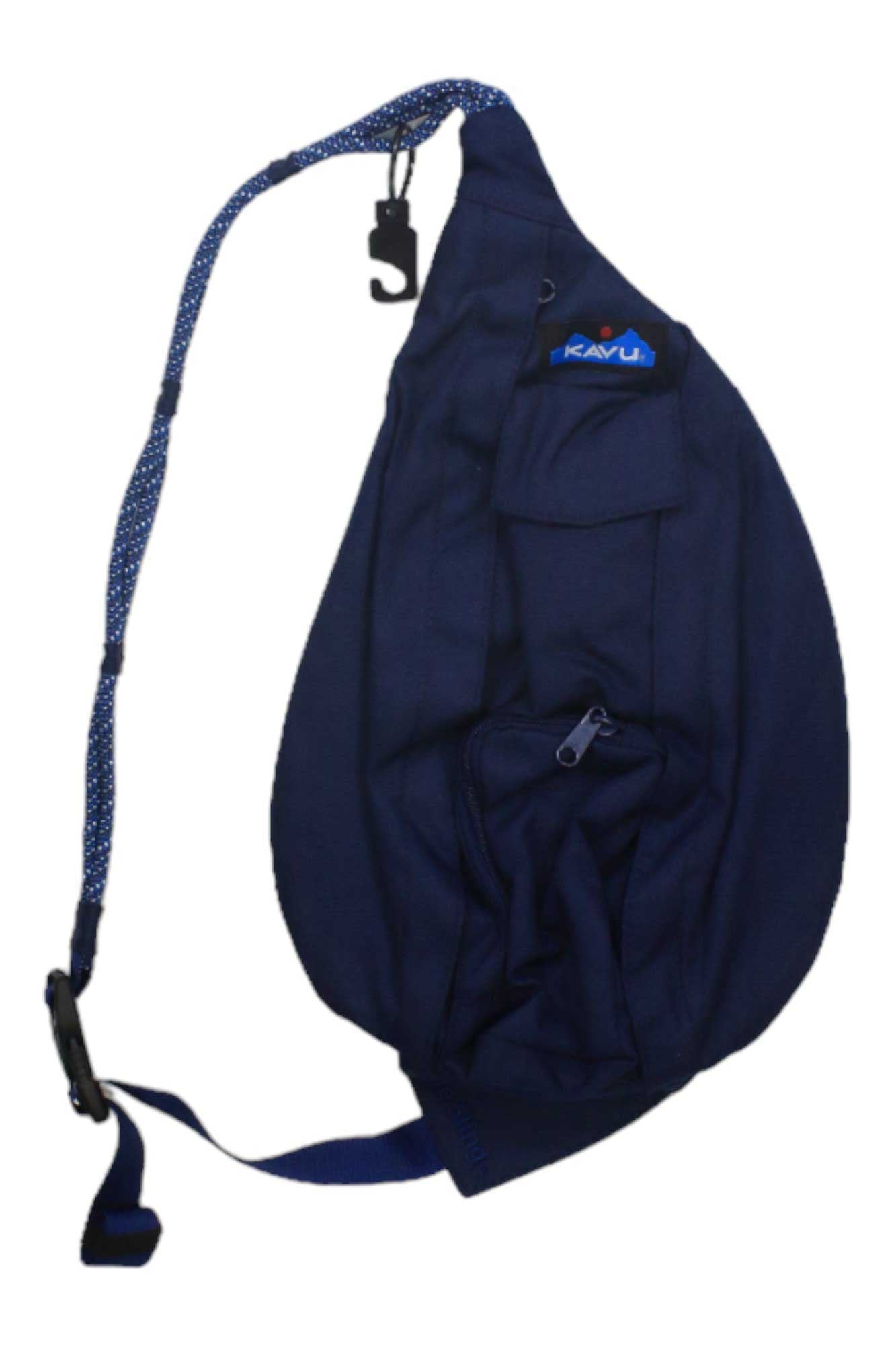The KAVU Mini Rope Sling in navy blue features multiple zippered pockets and an adjustable rope strap, ideal as a compact sling or travel day pack. Shown here against a white background.