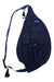 The KAVU Mini Rope Sling in navy blue features multiple zippered pockets and an adjustable rope strap, ideal as a compact sling or travel day pack. Shown here against a white background.
