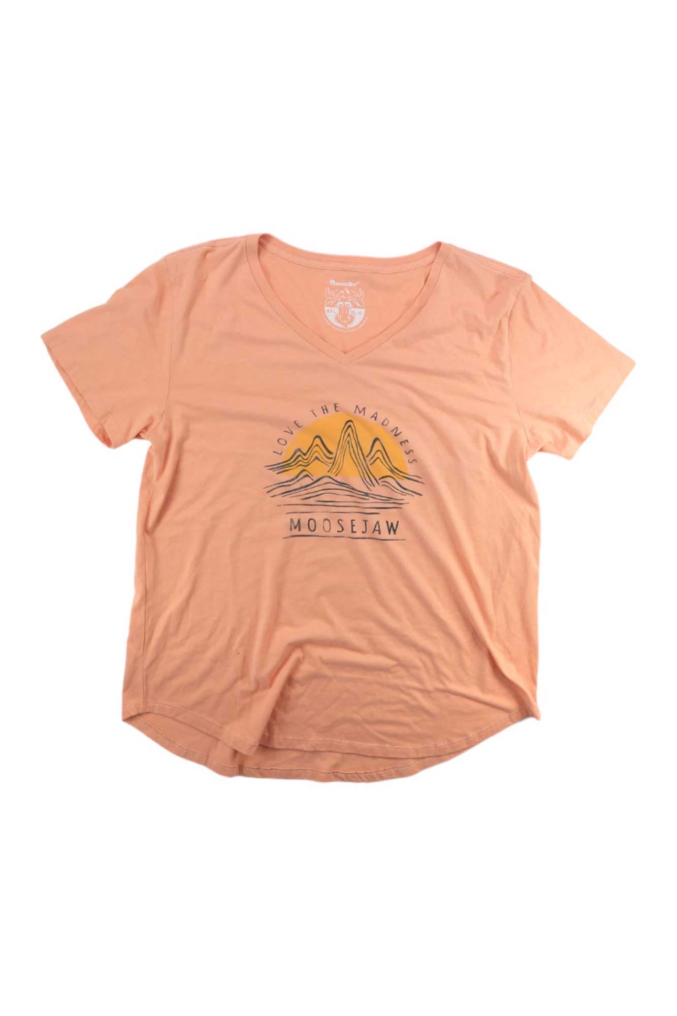 Women's salmon V-neck short-sleeve tee with central mountain graphic and Moosejaw mark