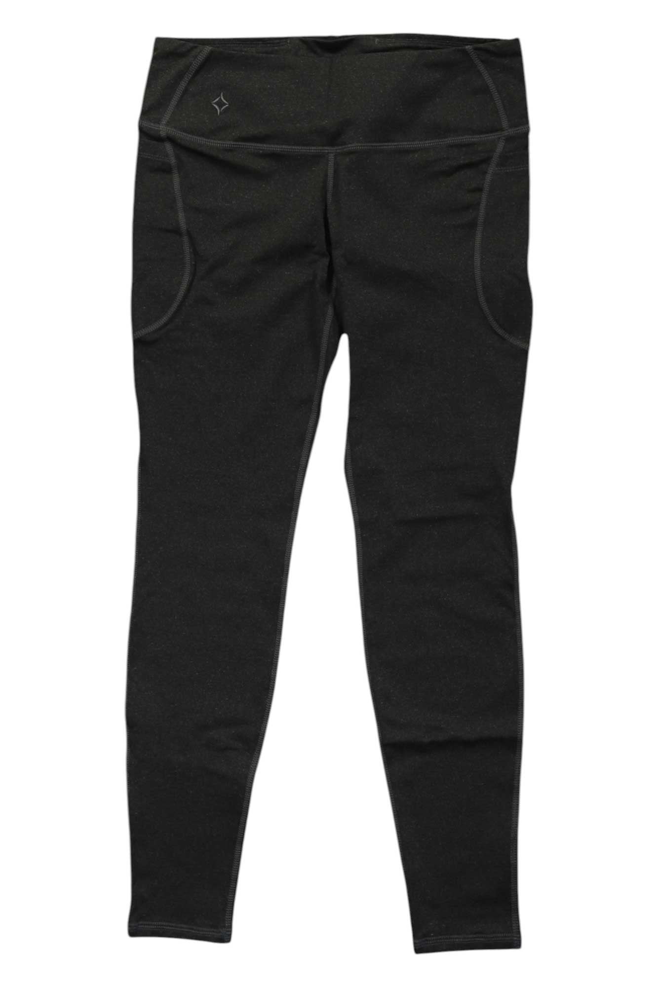 The Stonewear Womens Liberty Tight Traveler, a pair of black athletic tights with a high waistband and side pockets, is shown laid flat on a white background.