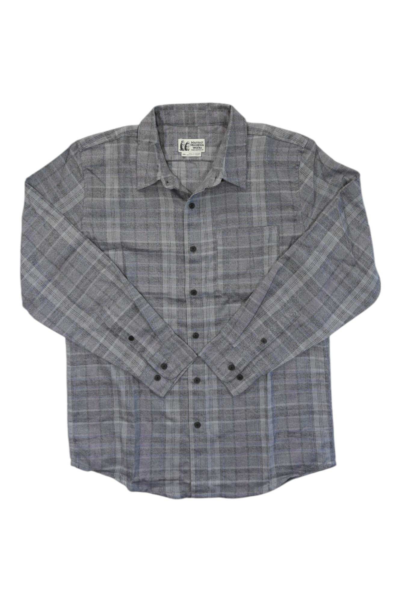 The Marmot Men's Fairfax Novelty Heathered Lightweight Flannel LS Shirt is a gray and black plaid, button-up shirt with long sleeves, collar, and front pocket, made from recycled polyester for comfort and style.