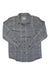 The Marmot Men's Fairfax Novelty Heathered Lightweight Flannel LS Shirt is a gray and black plaid, button-up shirt with long sleeves, collar, and front pocket, made from recycled polyester for comfort and style.